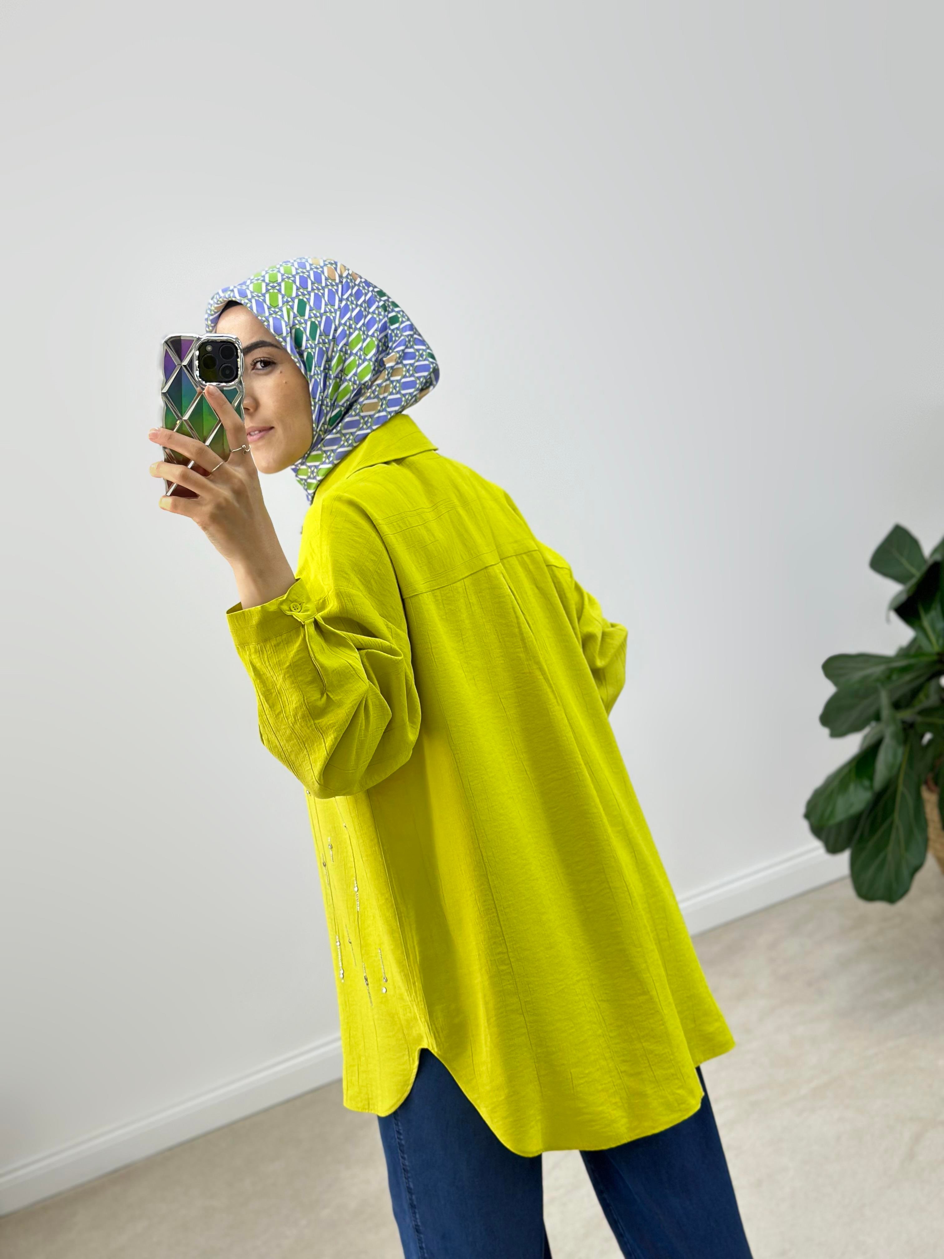 Su Yolu Taşlı Oversize Gömlek