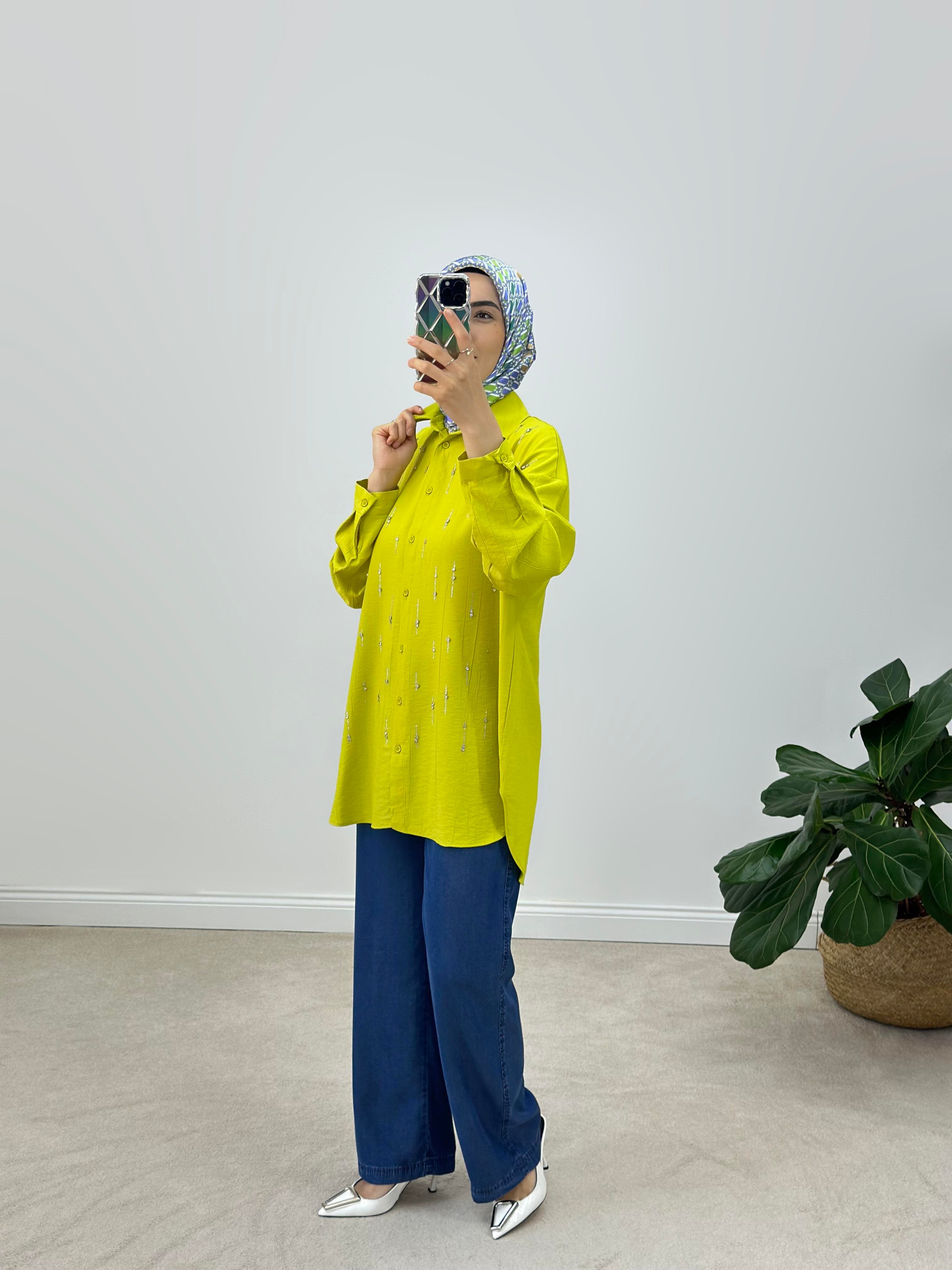 Su Yolu Taşlı Oversize Gömlek