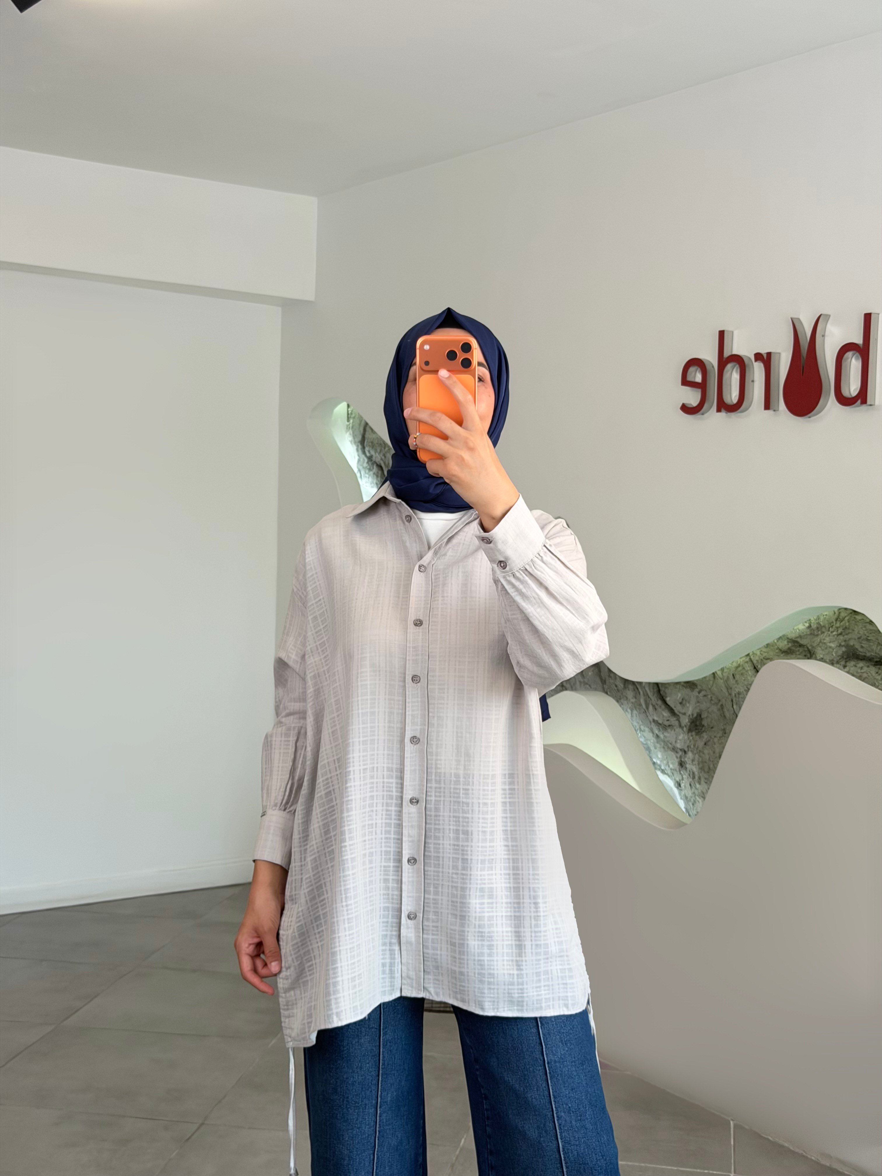 Taş Renk İp Büzgü Detaylı Pamuklu Gömlek