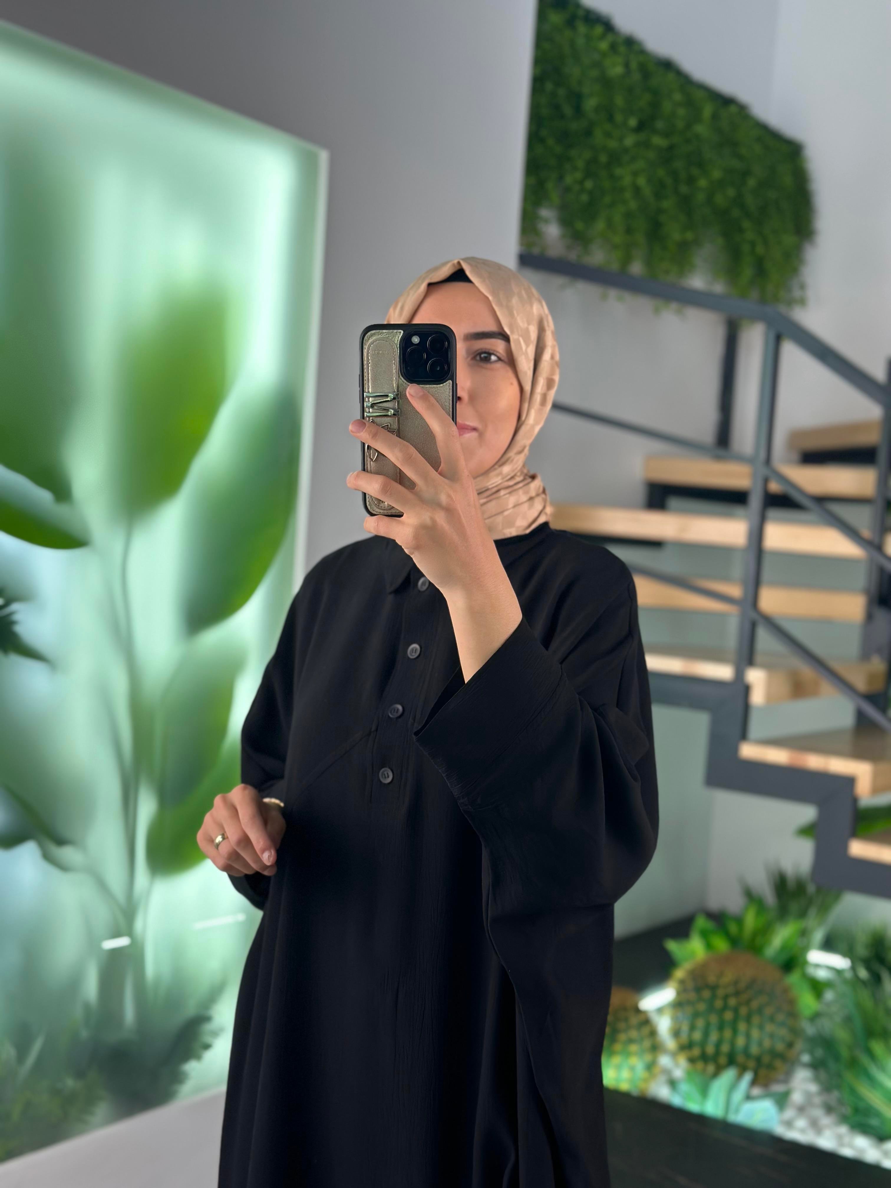 Yarasa Kol Siyah Renk Oversize Kadın Giyçık Elbise