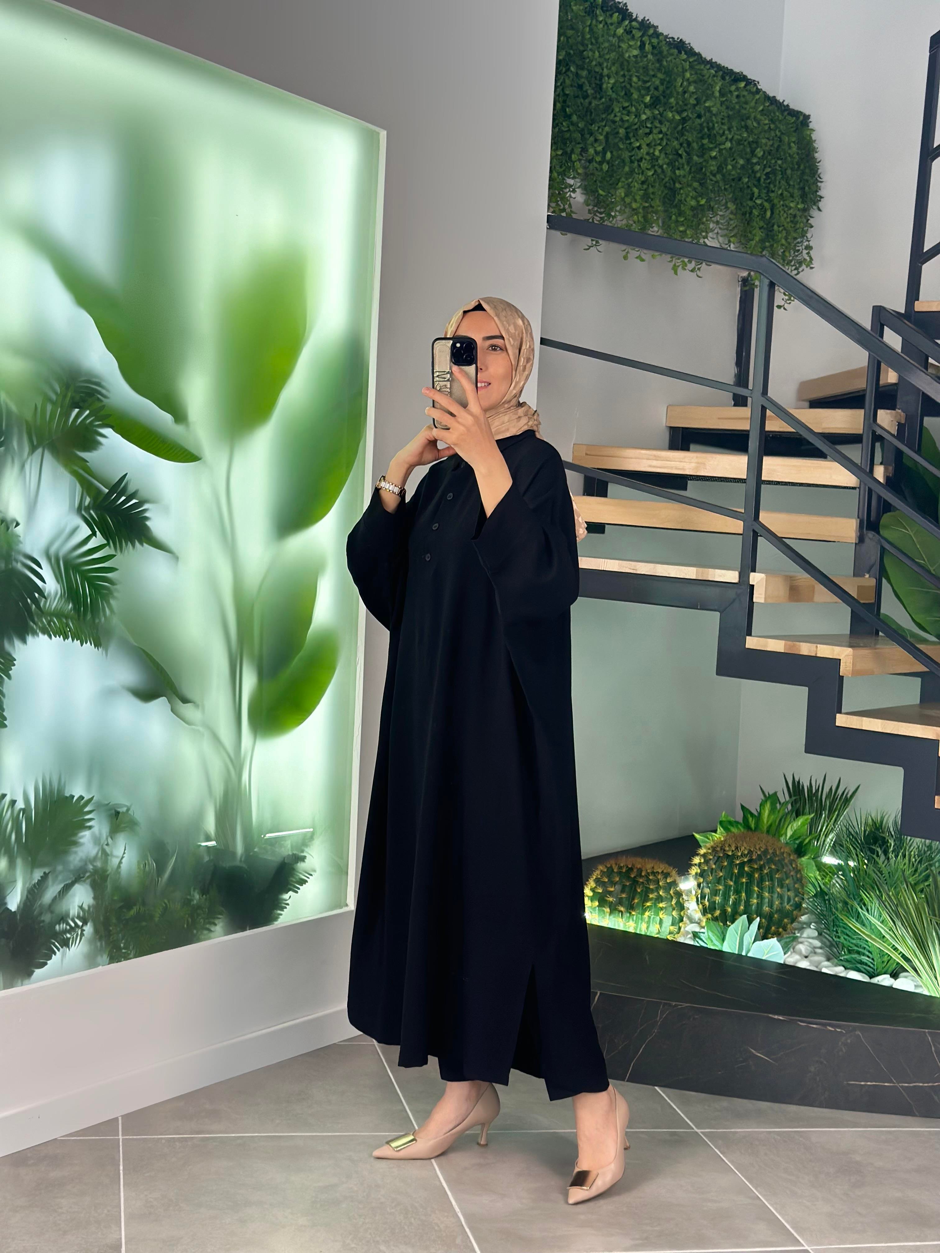 Yarasa Kol Siyah Renk Oversize Kadın Giyçık Elbise