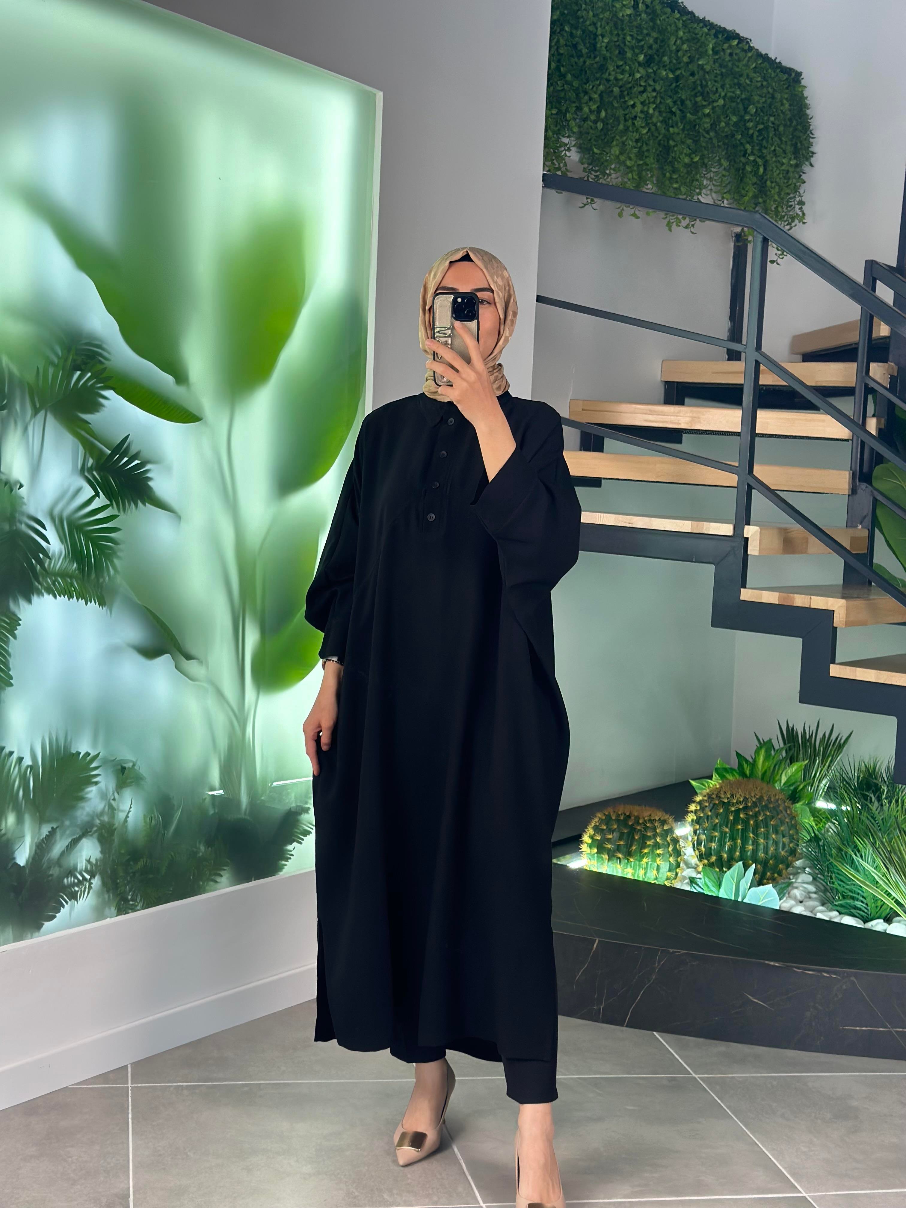 Yarasa Kol Siyah Renk Oversize Kadın Giyçık Elbise