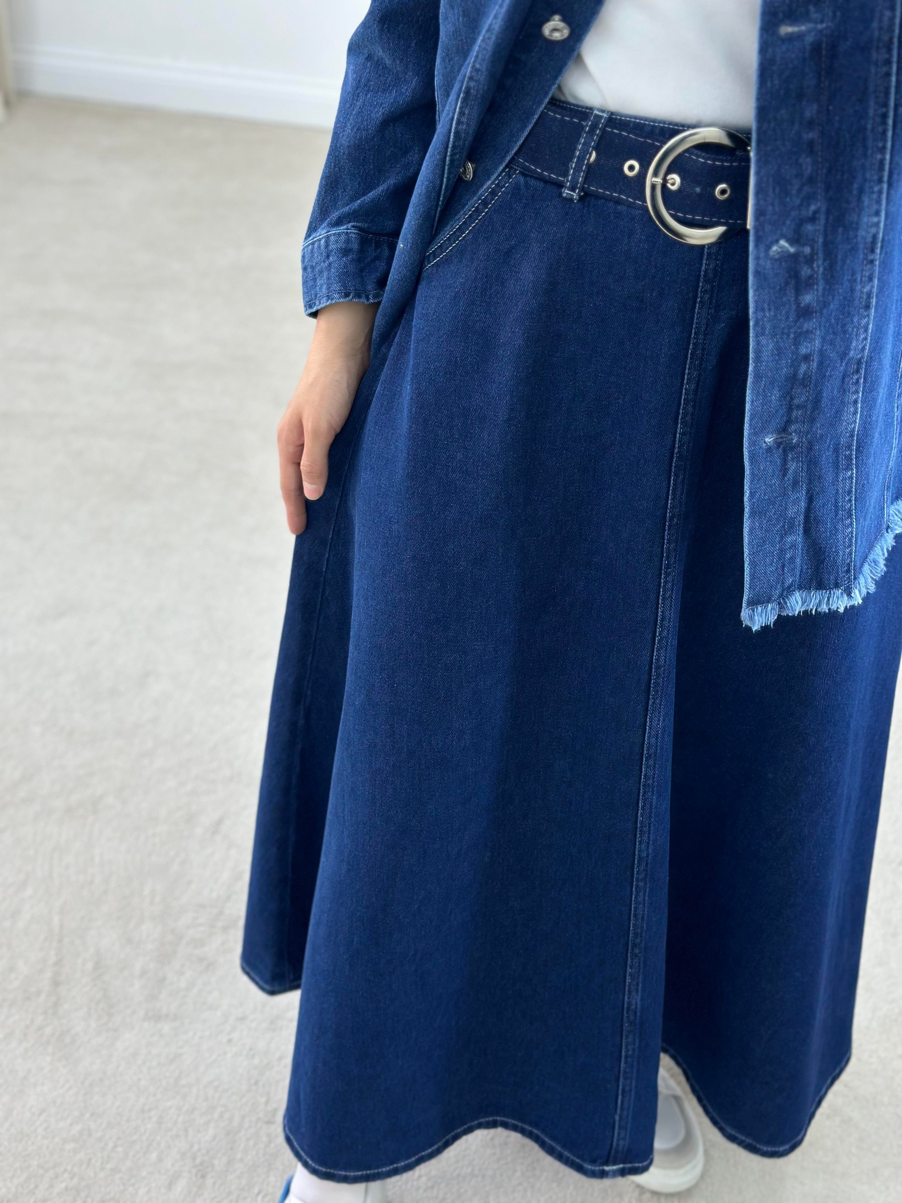 Yıkamalı Kumaş Beli Kemerli Kloş Denim Etek