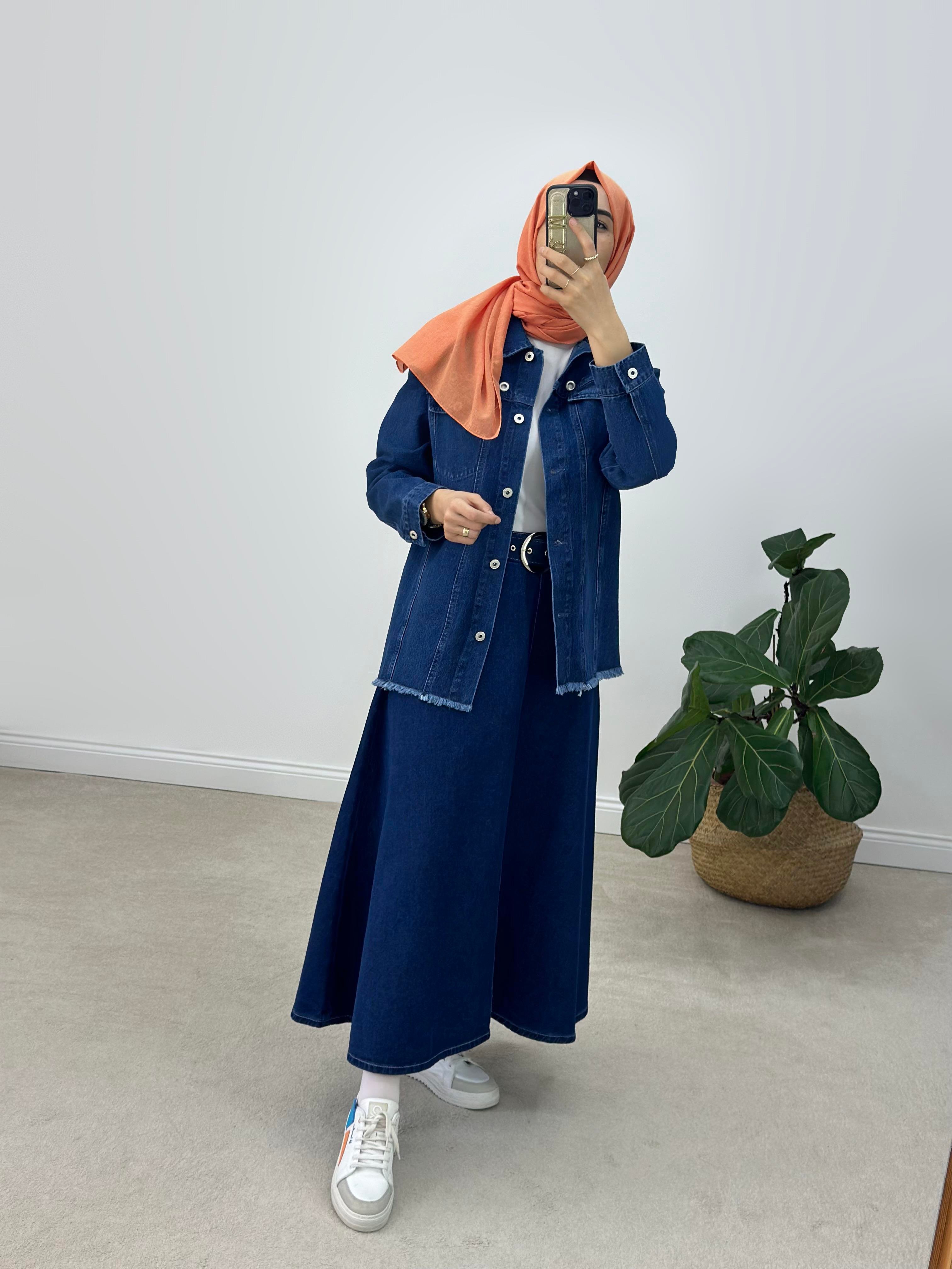 Yıkamalı Kumaş Beli Kemerli Kloş Denim Etek