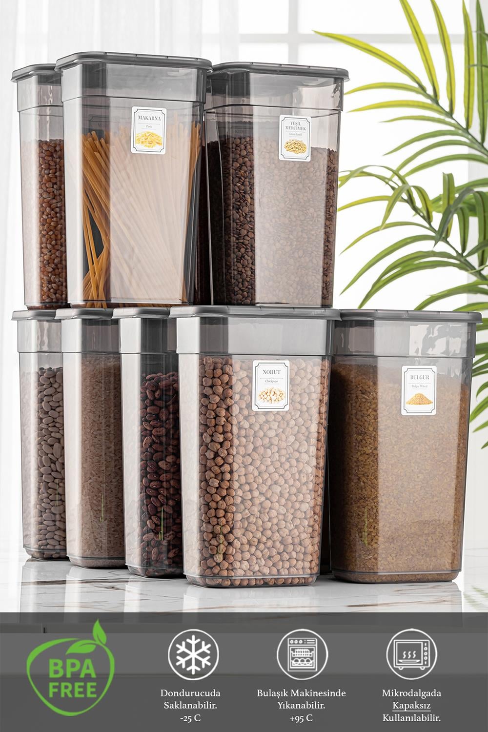 12 Adet Etiketli Sürgülü Kapaklı Saklama Kabı - Jumbo Dikdörtgen Erzak Kabı Kavanoz Seti 12x3,2 Lt