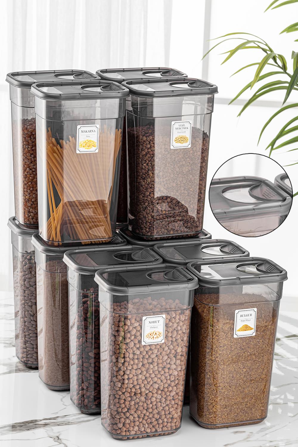 12 Adet Etiketli Sürgülü Kapaklı Saklama Kabı - Jumbo Dikdörtgen Erzak Kabı Kavanoz Seti 12x3,2 Lt