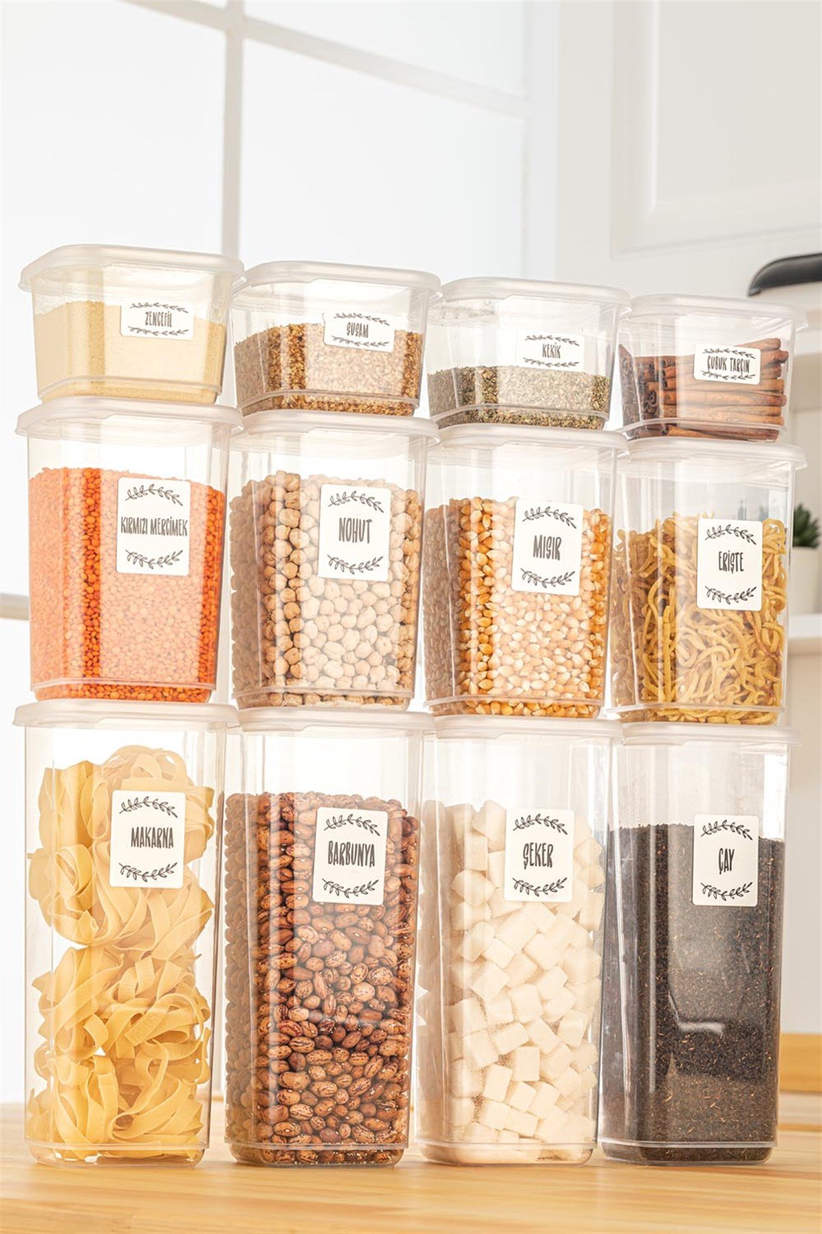 12'li Bonny Etiketli Kapaklı Kare Erzak Saklama Kabı Seti 4x(0,5 Lt-1,1 Lt-1,7 Lt) Vakum Kapaklı