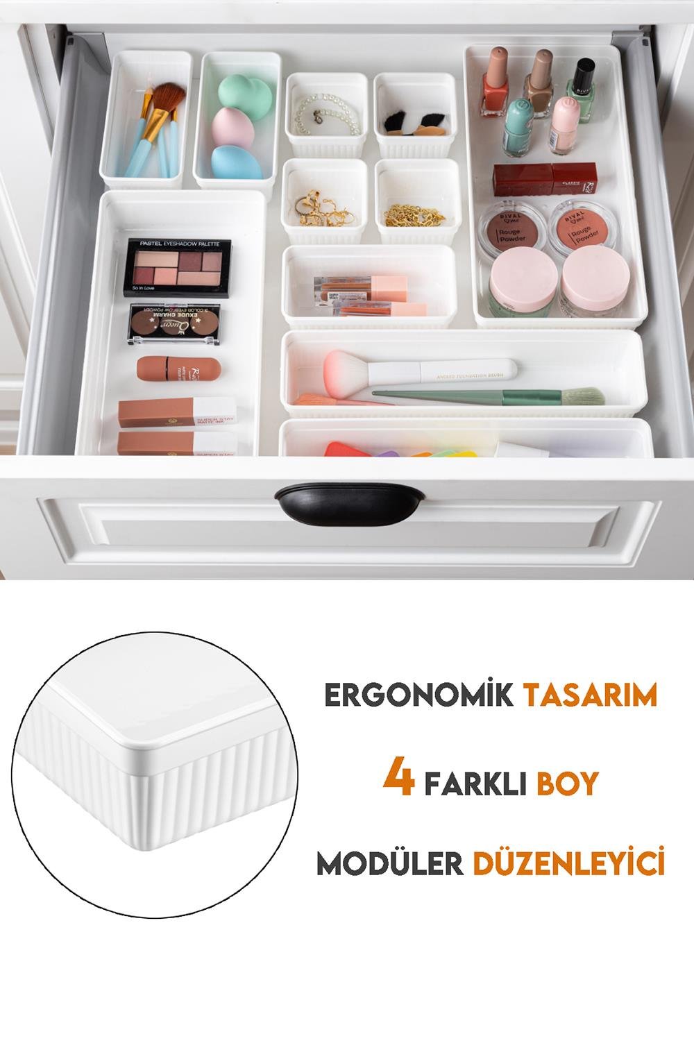 12'li Kozmetik Takı Düzenleyici Makyaj Organizer - Tasarım Çekmece İçi Organizer Kutu Beyaz