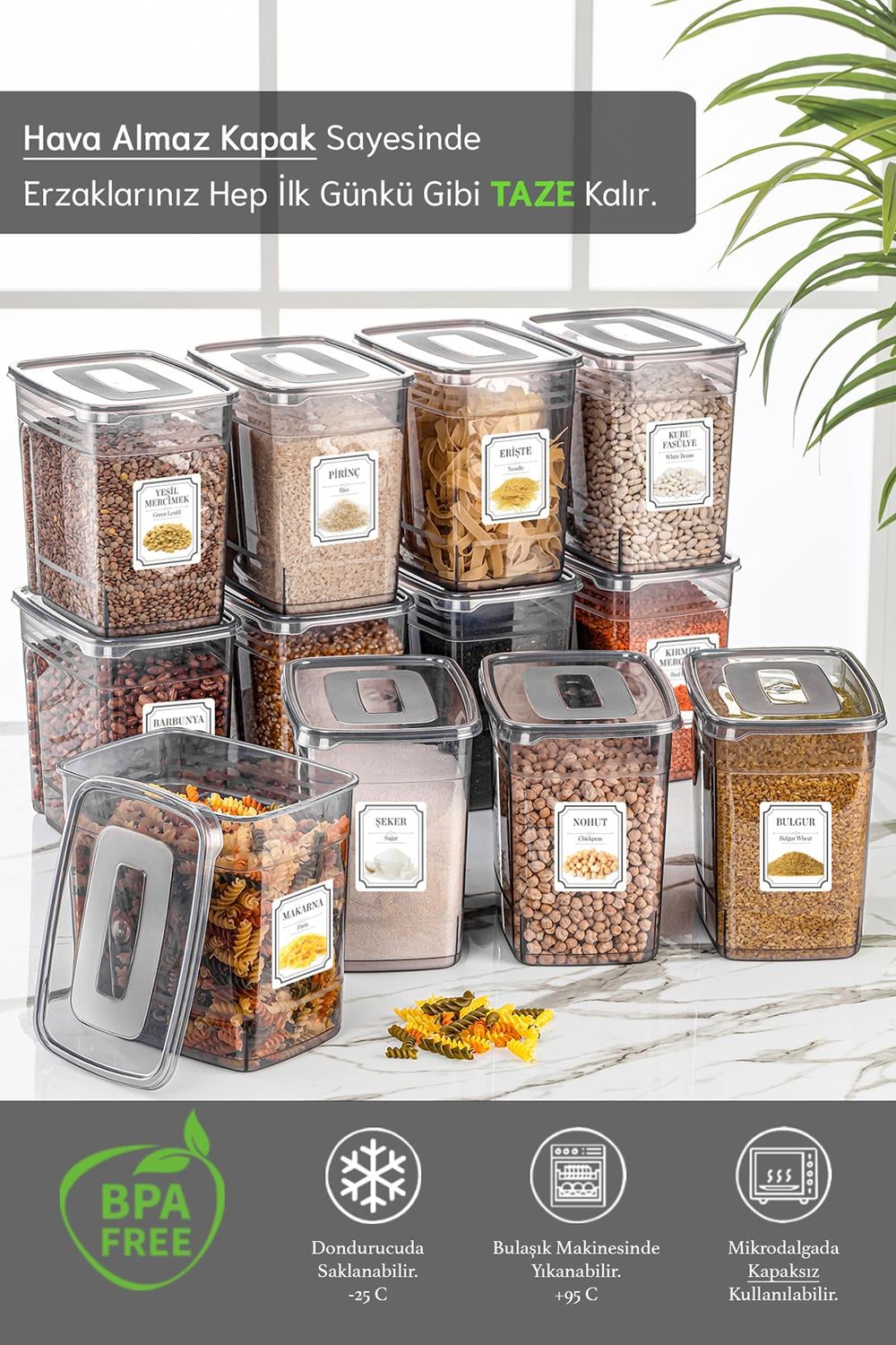 12'li Mega Set - Lena Etiketli Erzak Saklama Kabı - Kiler Dolap Düzenleyici Bakliyat Kabı 12x3,5 Lt