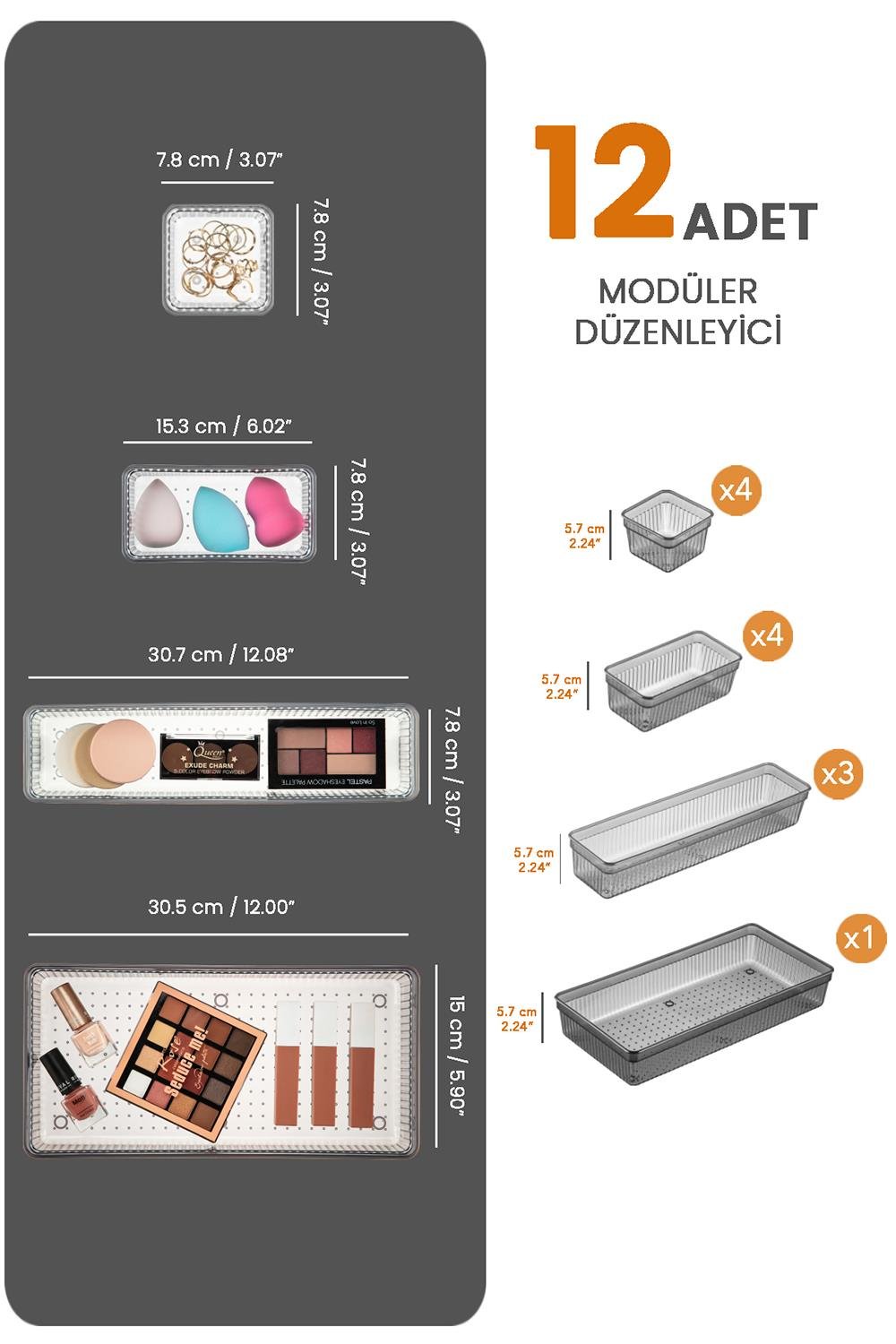 12'li Modüler Takı Makyaj Organizer - Banyo Çekmece İçi Düzenleyici Set Siyah