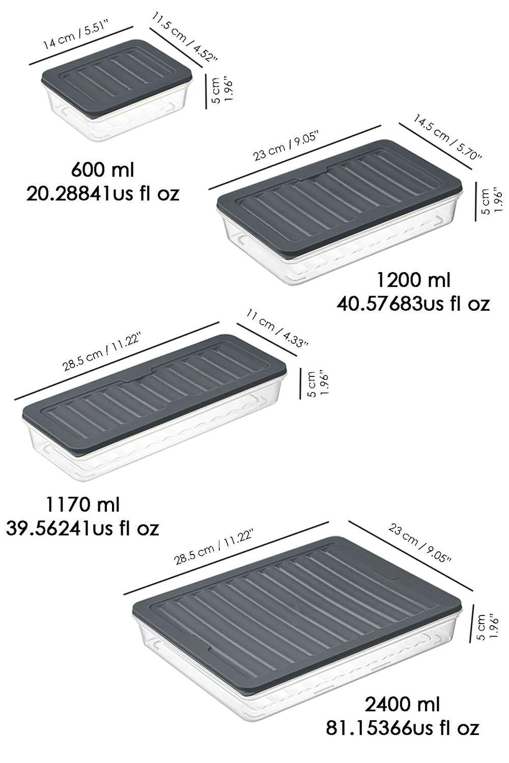 22 Parça Saklama Kabı , Mikrodalga Uyumlu Saklama Kabı 2x2400Ml 2x1200Ml 6x1170Ml 12x600Ml Antrasit