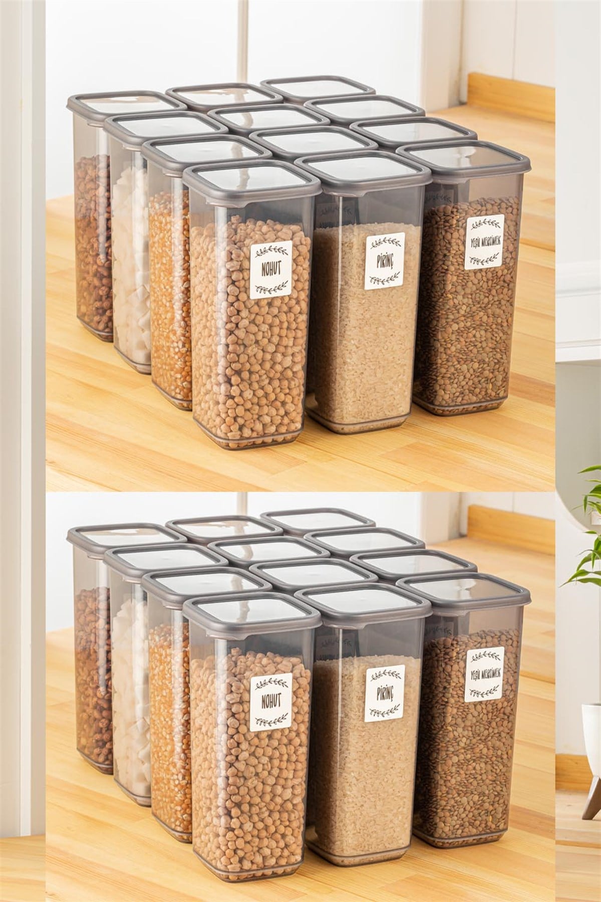 24'lü Set Etiketli Jumbo Boy Kare Erzak Saklama Kabı Seti Antrasit 1700 ml
