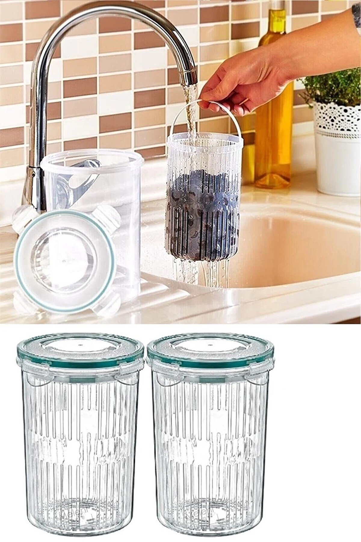 2'li Set Süzgeçli Zeytinlik - Zeytin Turşu Saklama Kabı 1,5 Lt