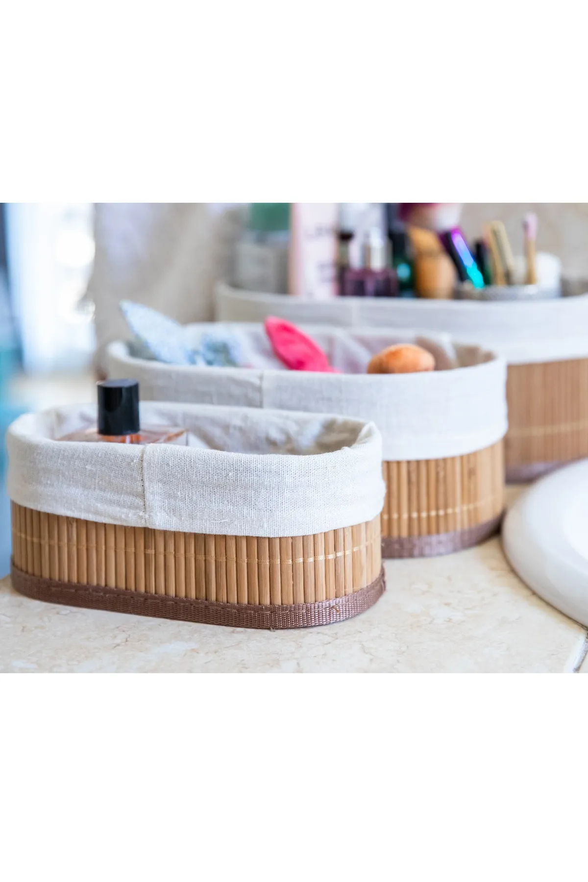 3’lü Naturel Astarlı Bambu Sepet – Çok Amaçlı Dekoratif Organizer Banyo Mutfak Kozmetik Düzenleyici