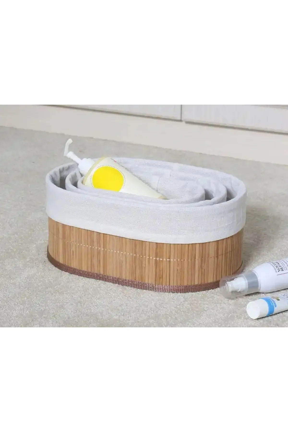 3’lü Naturel Astarlı Bambu Sepet – Çok Amaçlı Dekoratif Organizer Banyo Mutfak Kozmetik Düzenleyici