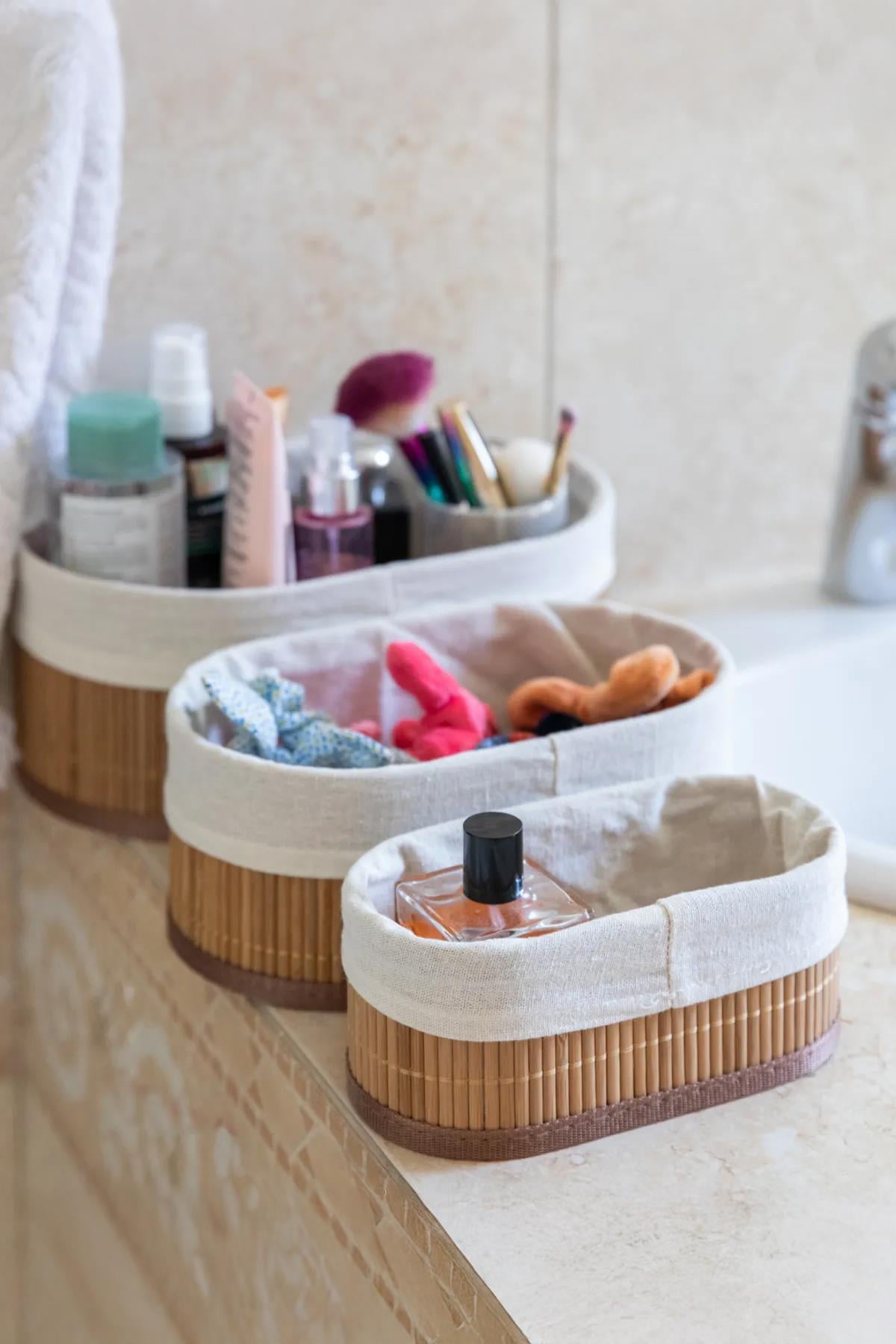 3’lü Naturel Astarlı Bambu Sepet – Çok Amaçlı Dekoratif Organizer Banyo Mutfak Kozmetik Düzenleyici