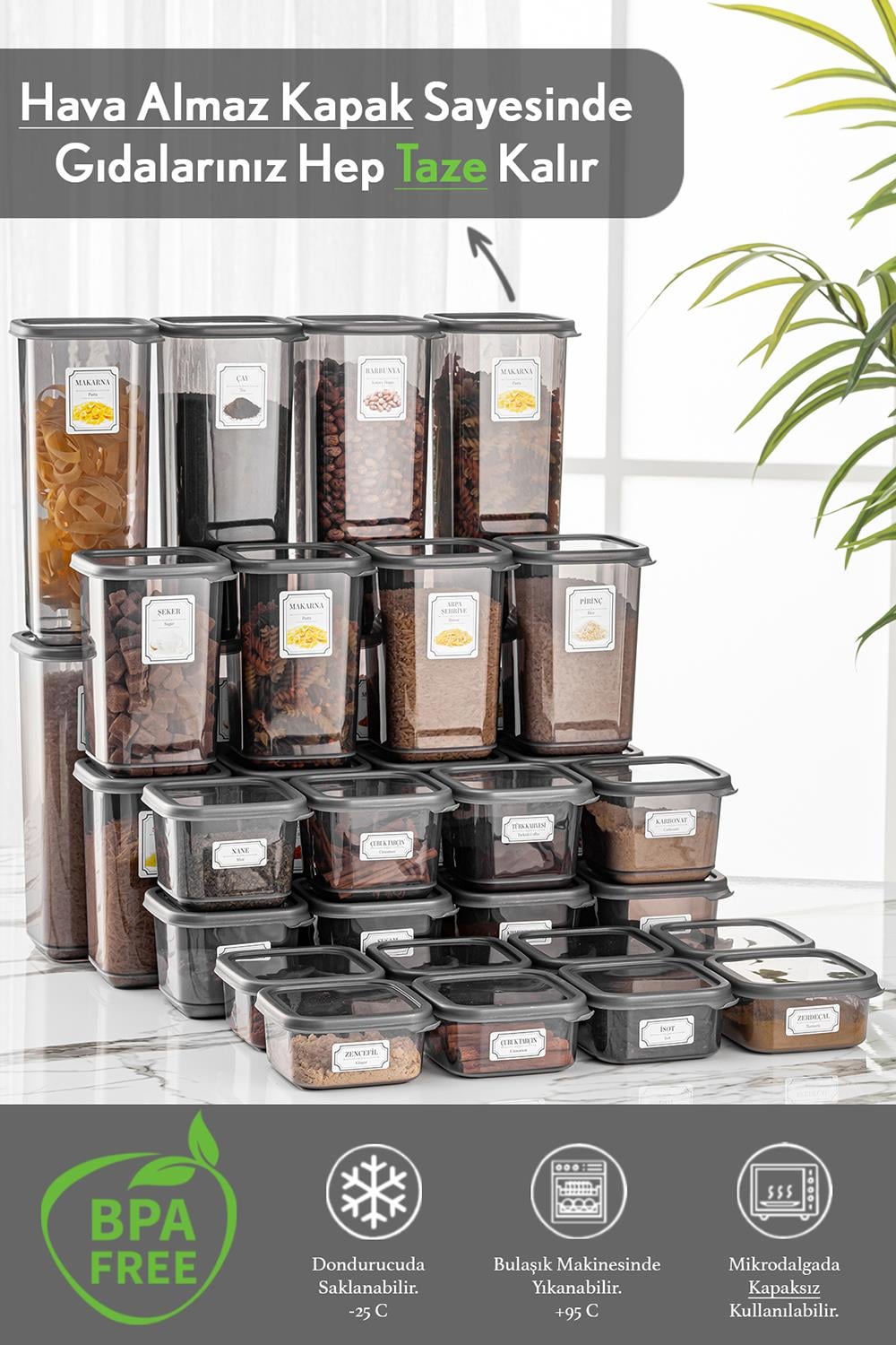 32'li Etiketli Kapaklı Kare Erzak Saklama Kabı Seti 8x(0,3 Lt-0,5 Lt-1,1 Lt-1,7 Lt) Baharatlık