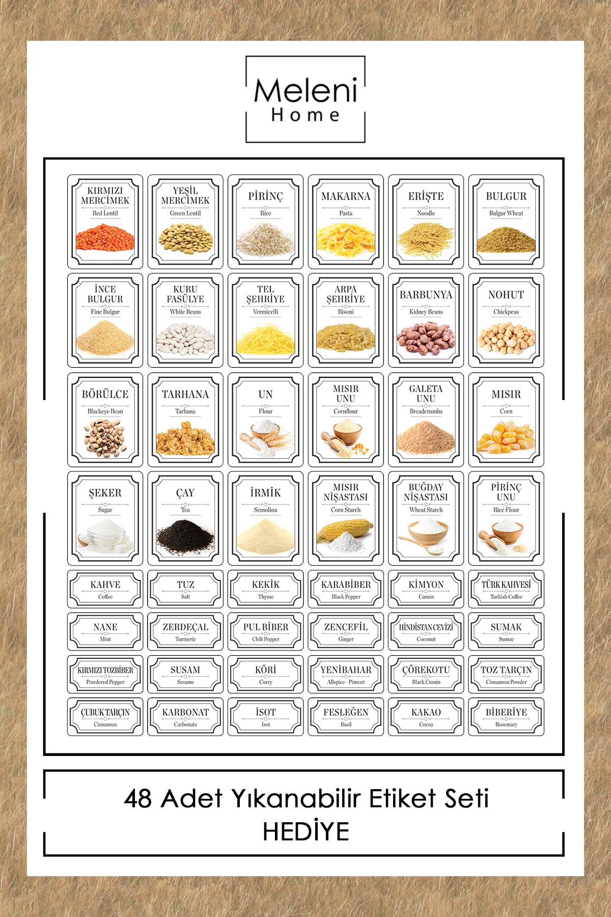 32'li Etiketli Kapaklı Kare Erzak Saklama Kabı Seti 8x(0,3 Lt-0,5 Lt-1,1 Lt-1,7 Lt) Baharatlık