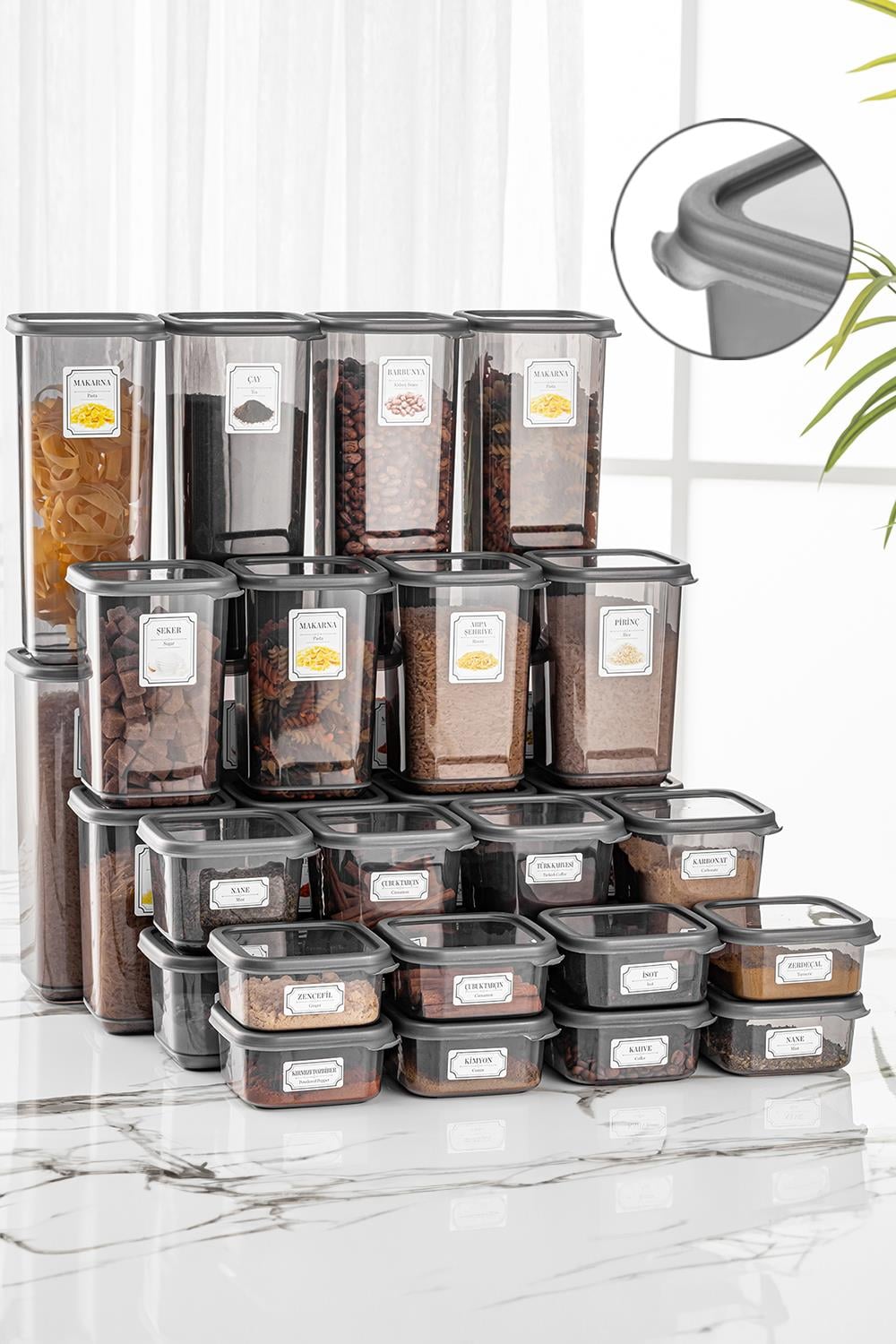 32'li Etiketli Kapaklı Kare Erzak Saklama Kabı Seti 8x(0,3 Lt-0,5 Lt-1,1 Lt-1,7 Lt) Baharatlık