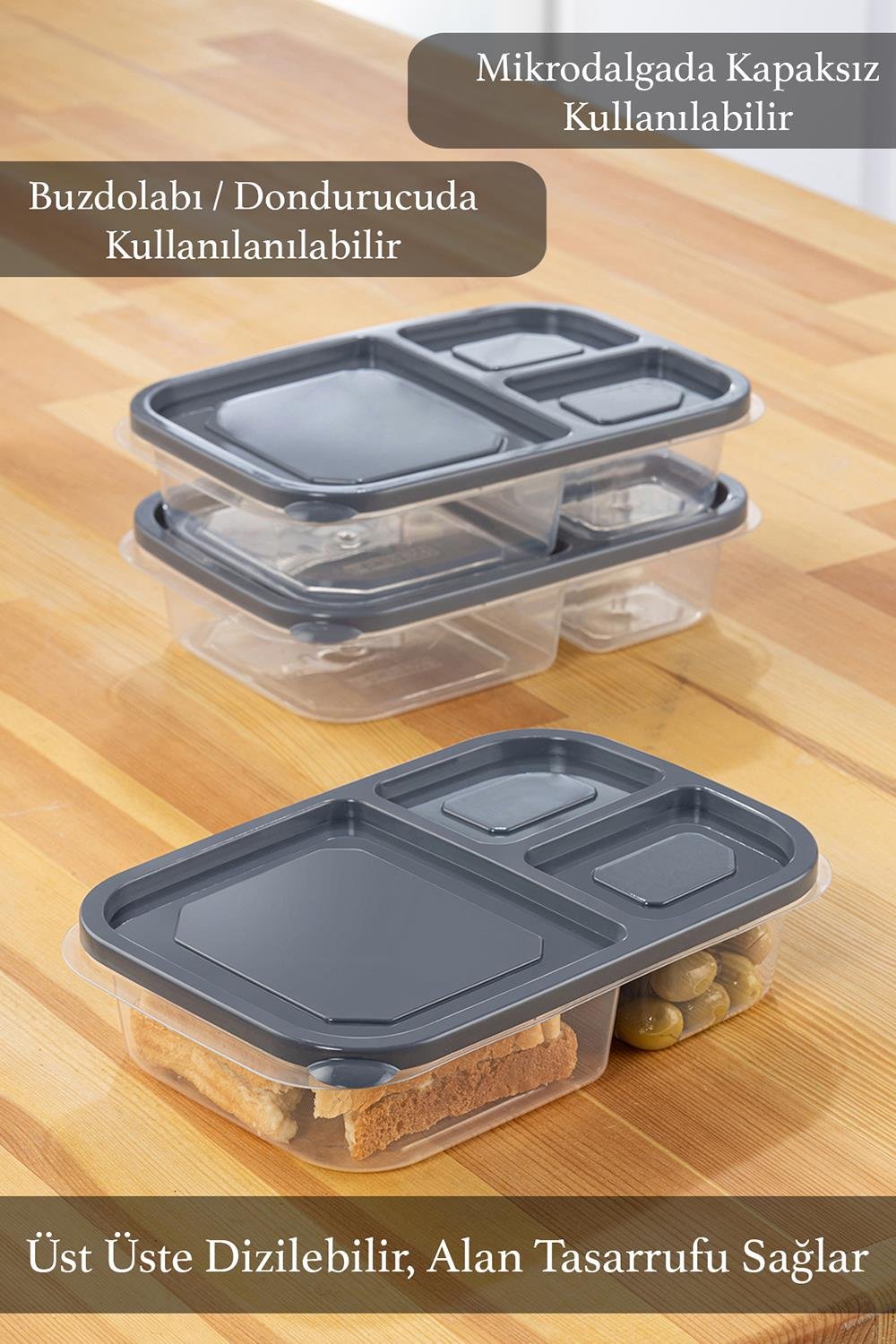 3'lü Set 3 Bölmeli Kapaklı Dikdörtgen Saklama-Kabı Taşınabilir Kahvaltılık Diyet Ve Beslenme Kutusu
