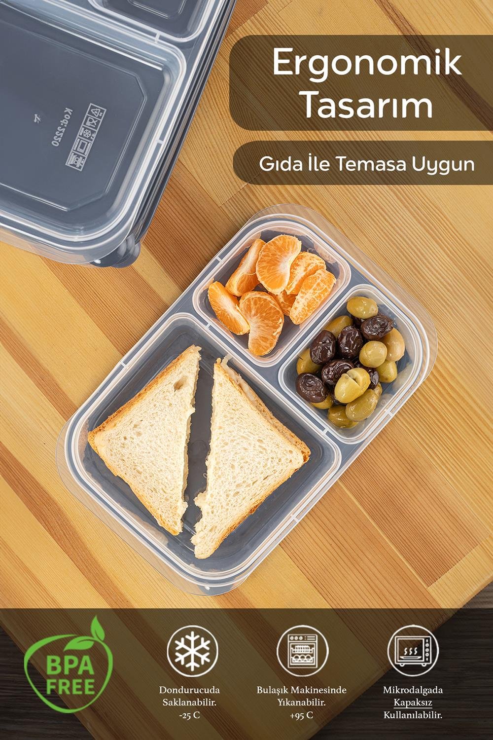3'lü Set 3 Bölmeli Kapaklı Dikdörtgen Saklama-Kabı Taşınabilir Kahvaltılık Diyet Ve Beslenme Kutusu