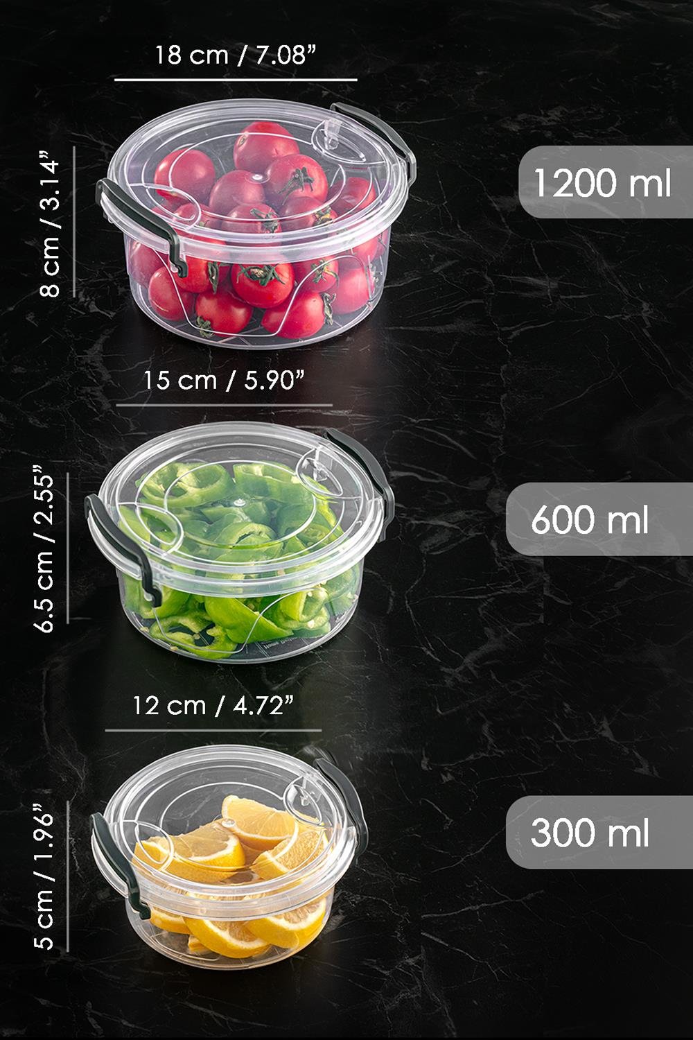 3'lü Yuvarlak Şeffaf Saklama Kabı Seti - Lenora Kilitlenebilir Kapaklı Erzak Kabı 300-600-1200 ml