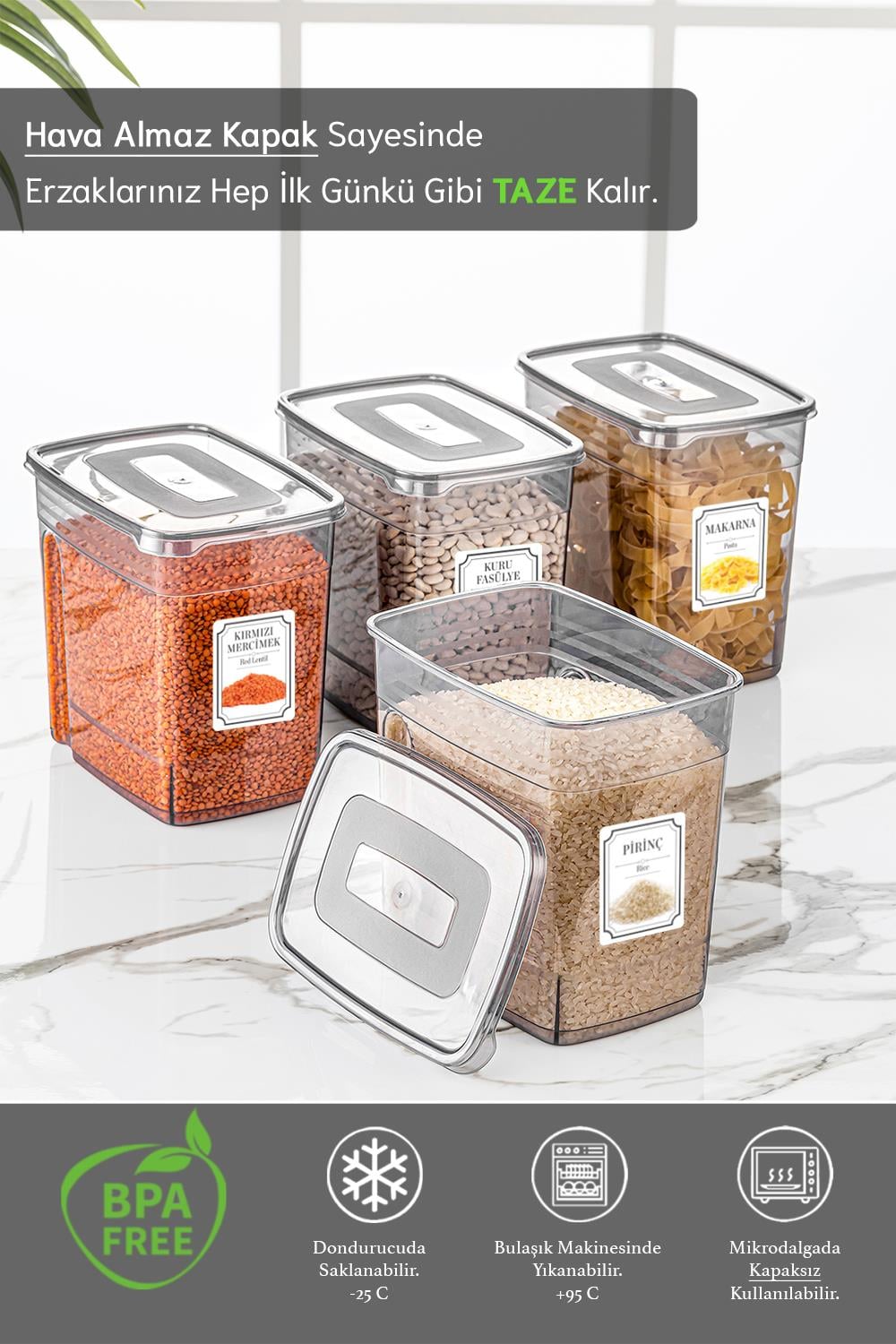 4'lü Lena Etiketli Kapaklı Erzak Saklama Kabı - Bakliyat Kabı Kavanoz 4x3,5 Lt