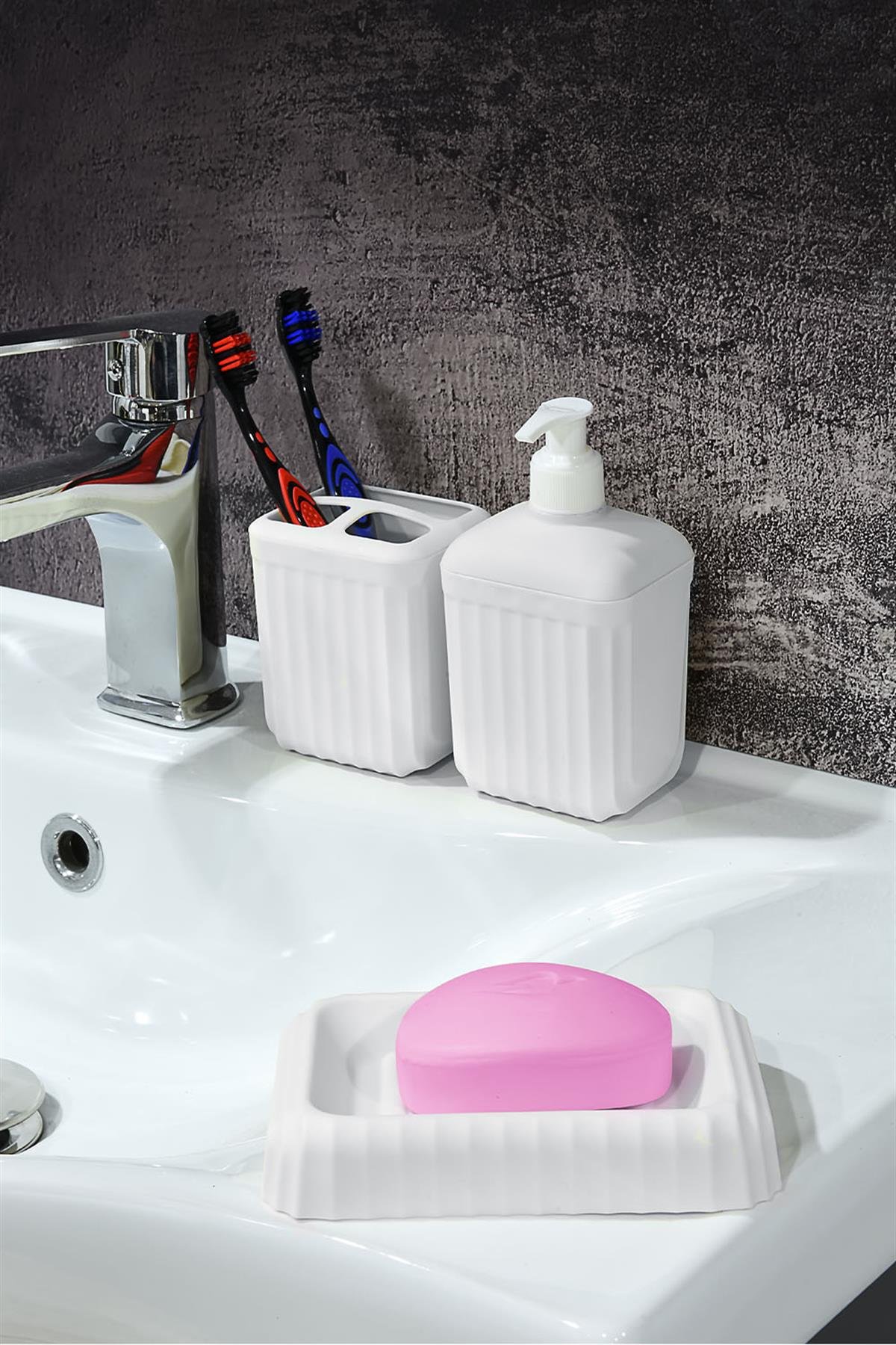 5 Parça Banyo Seti - Çöp Kovası Tuvalet Fırçası Sıvı Sabunluk Katı Sabunluk Diş Fırçalık Beyaz