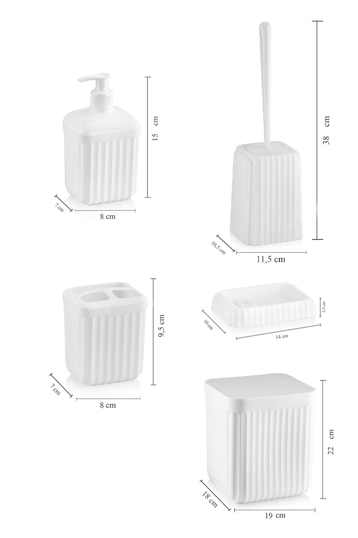 5 Parça Banyo Seti - Çöp Kovası Tuvalet Fırçası Sıvı Sabunluk Katı Sabunluk Diş Fırçalık Beyaz