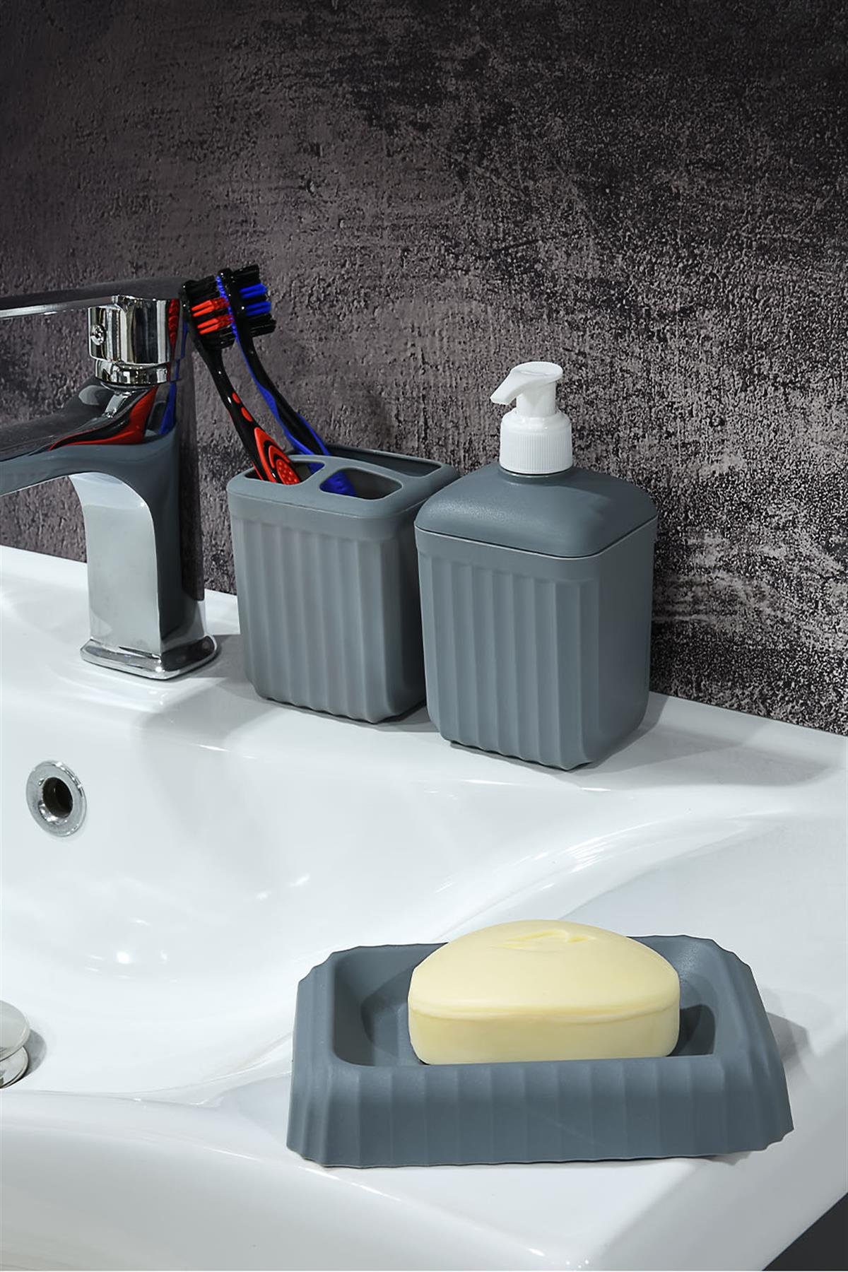 5 Parça Banyo Seti - Çöp Kovası Tuvalet Fırçası Sıvı Sabunluk Katı Sabunluk Diş Fırçalık Antrasit