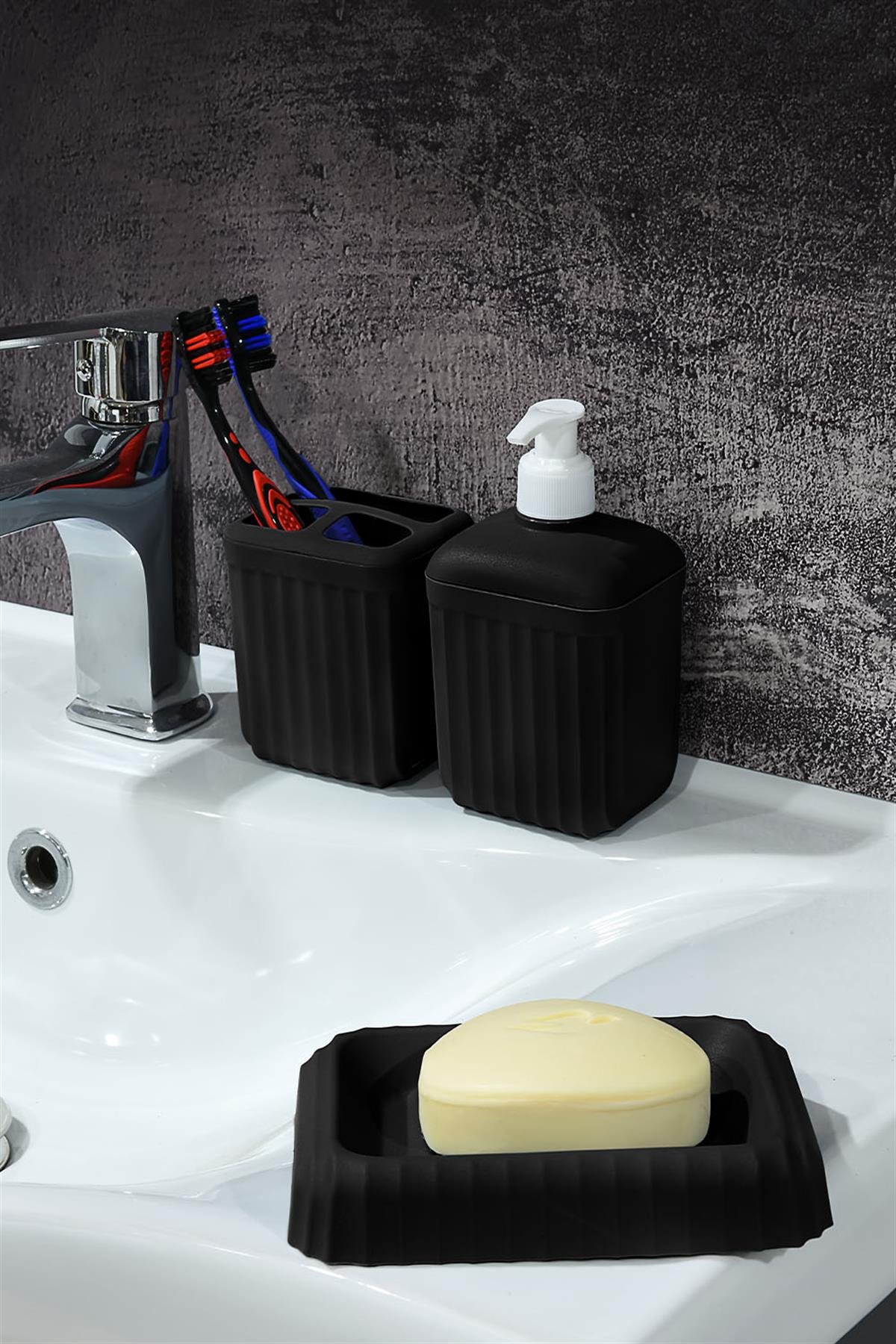 5 Parça Banyo Seti - Çöp Kovası Tuvalet Fırçası Sıvı Sabunluk Katı Sabunluk Diş Fırçalık Siyah