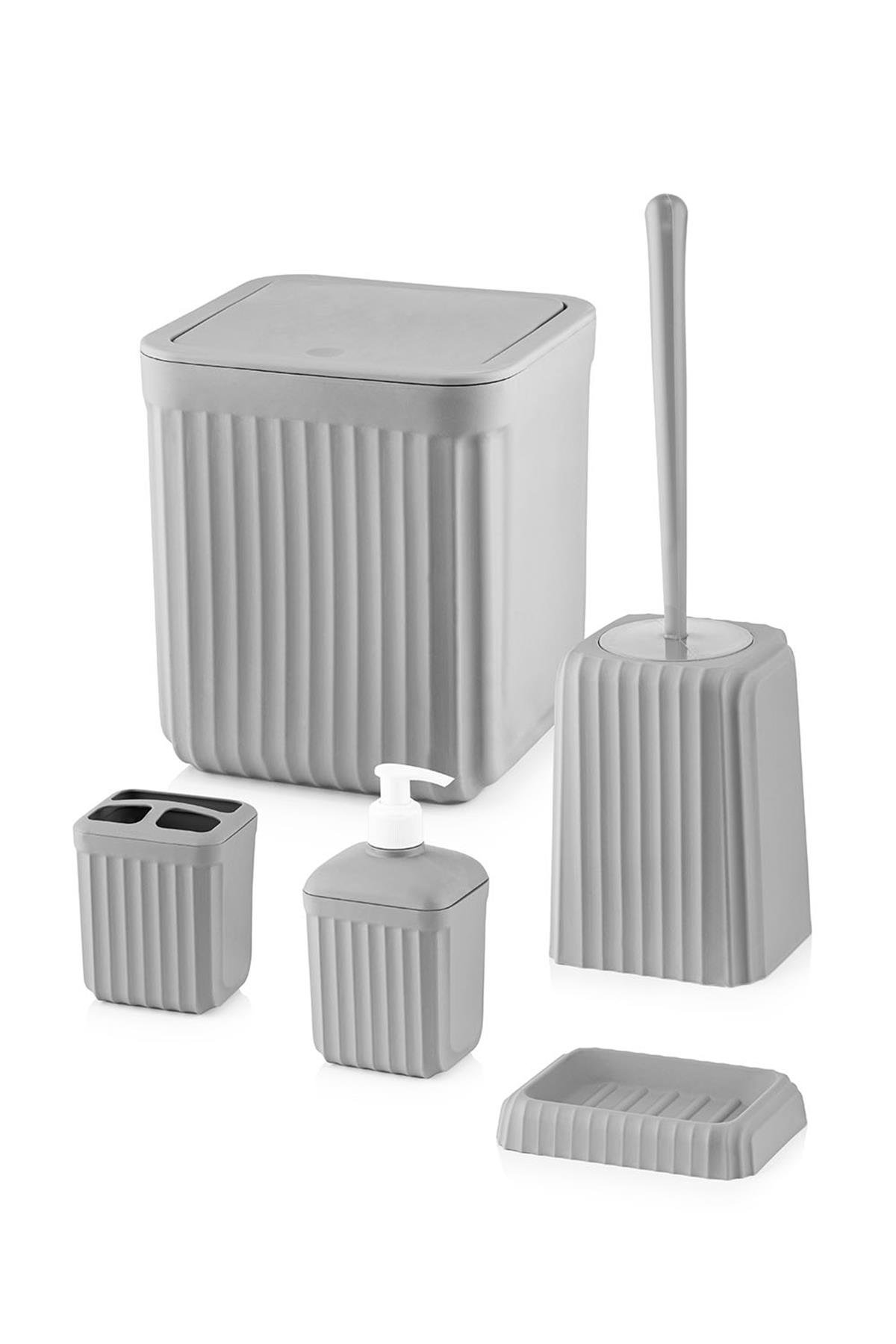 5 Parça Banyo Seti - Çöp Kovası Tuvalet Fırçası Sıvı Sabunluk Katı Sabunluk Diş Fırçalık Antrasit