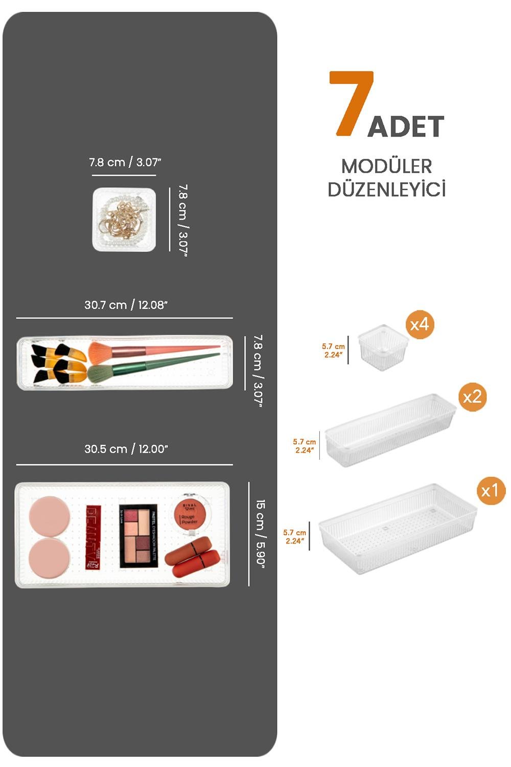 7 Parça Modüler Organizer Set - Kozmetik Aksesuar Düzenleyici Şeffaf