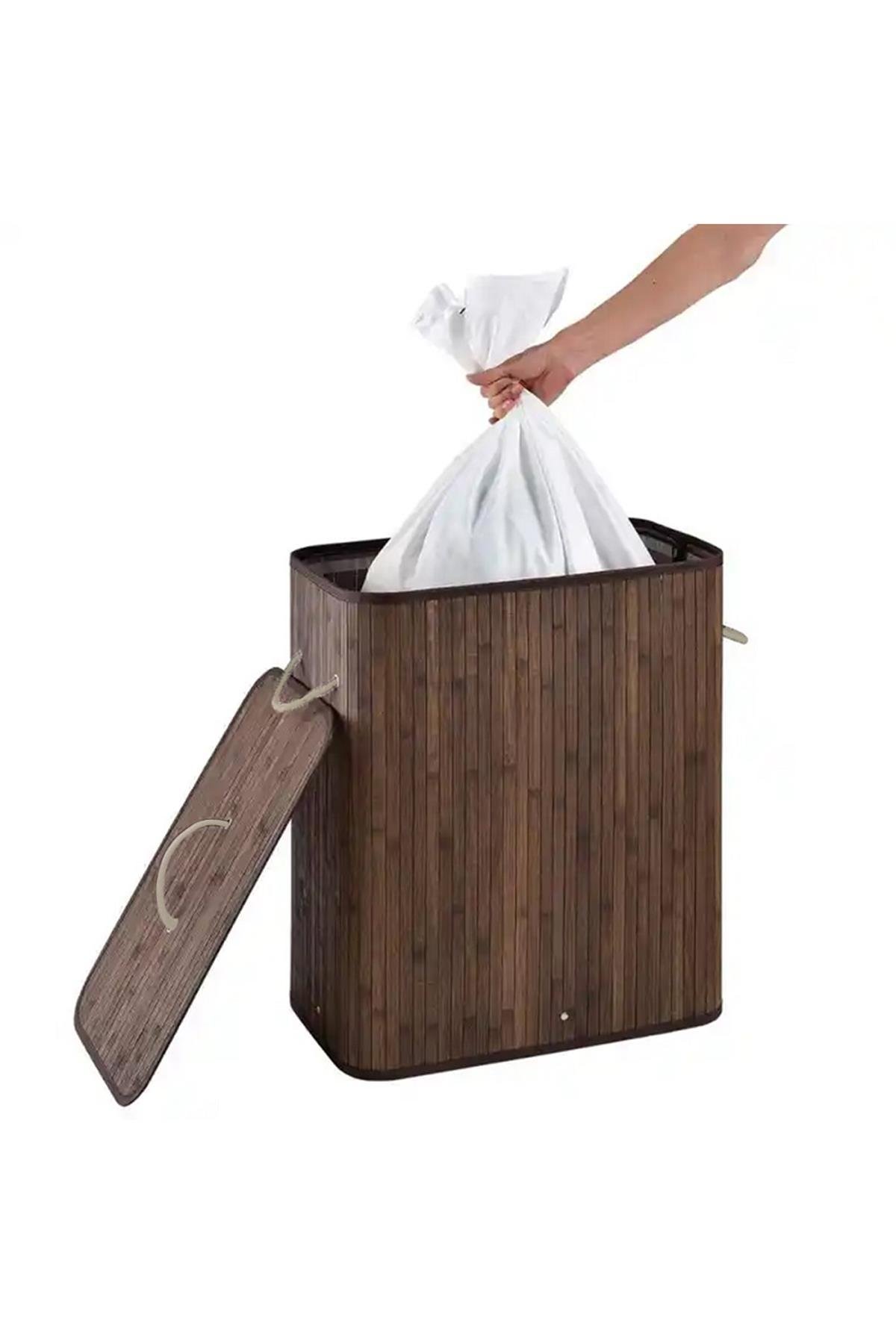 İki Bölmeli Bambu Naturel Çamaşır Sepeti - Mega Katlanabilir Çamaşır Sepeti 52x33x63 cm 100 Lt Kahve