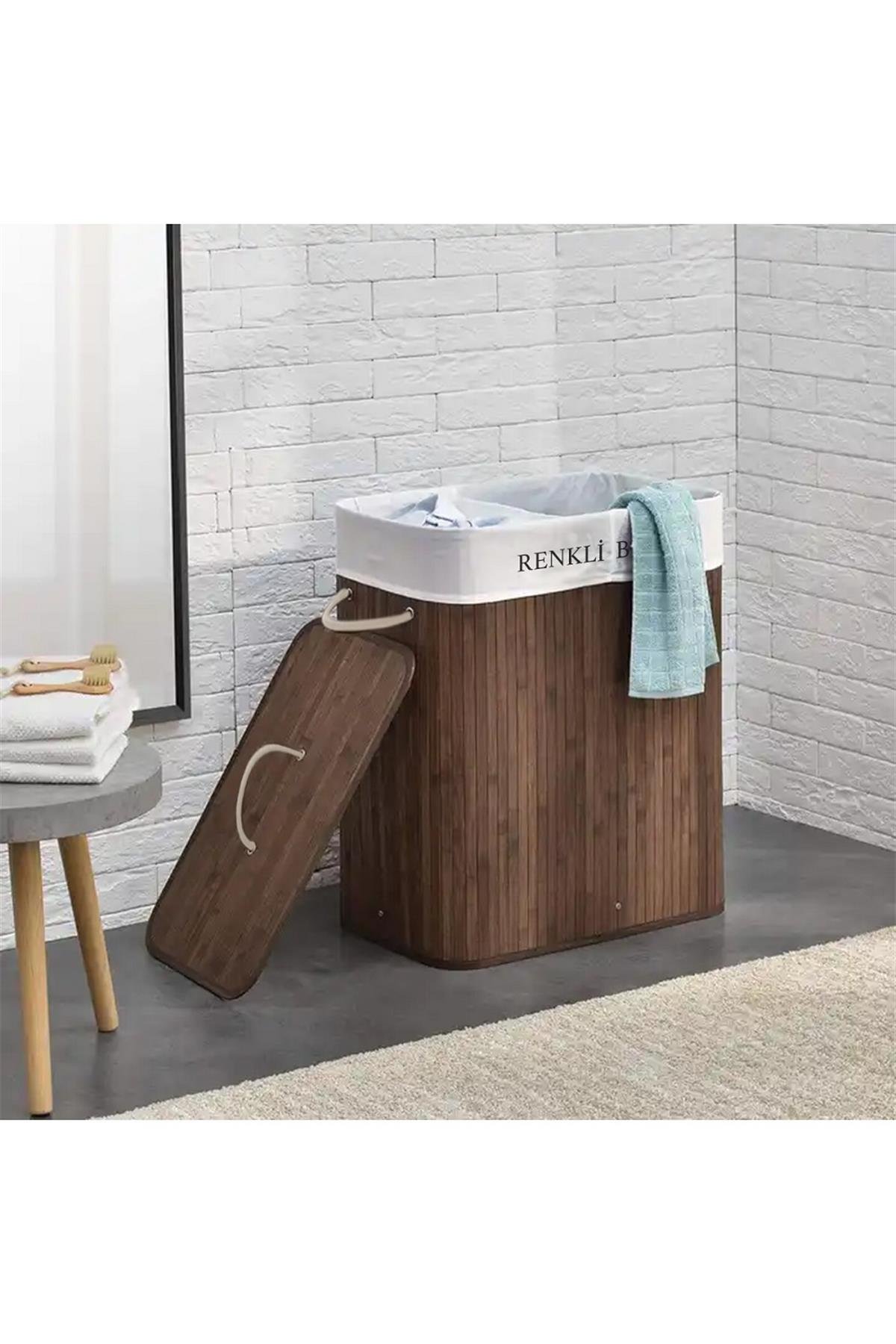İki Bölmeli Bambu Naturel Çamaşır Sepeti - Mega Katlanabilir Çamaşır Sepeti 52x33x63 cm 100 Lt Kahve