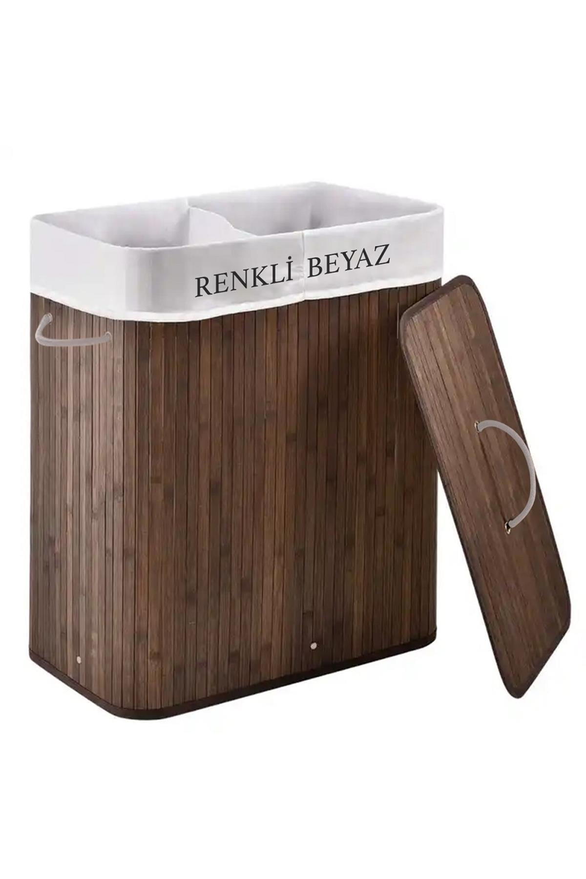 İki Bölmeli Bambu Naturel Çamaşır Sepeti - Mega Katlanabilir Çamaşır Sepeti 52x33x63 cm 100 Lt Kahve