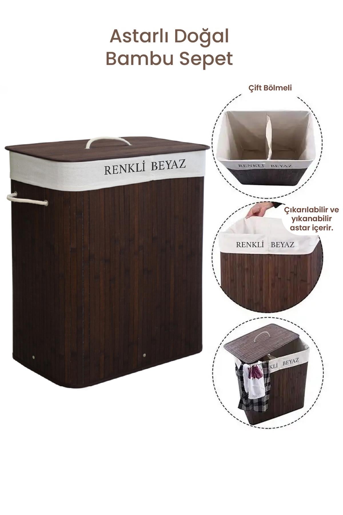İki Bölmeli Bambu Naturel Çamaşır Sepeti - Mega Katlanabilir Çamaşır Sepeti 52x33x63 cm 100 Lt Kahve