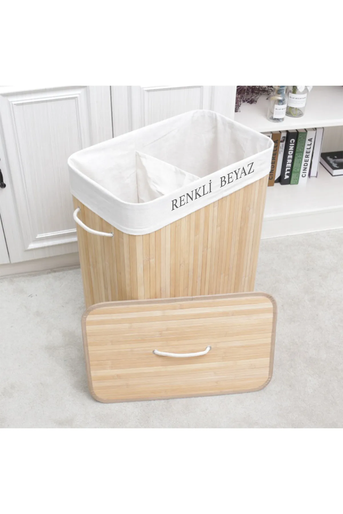 İki Bölmeli Bambu Naturel Çamaşır Sepeti - Mega Katlanabilir Çamaşır Sepeti 52x33x63 cm 100 Lt Bej