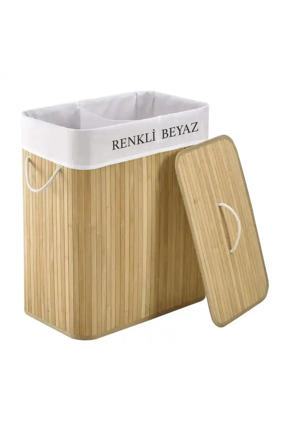 İki Bölmeli Bambu Naturel Çamaşır Sepeti - Mega Katlanabilir Çamaşır Sepeti 52x33x63 cm 100 Lt Bej