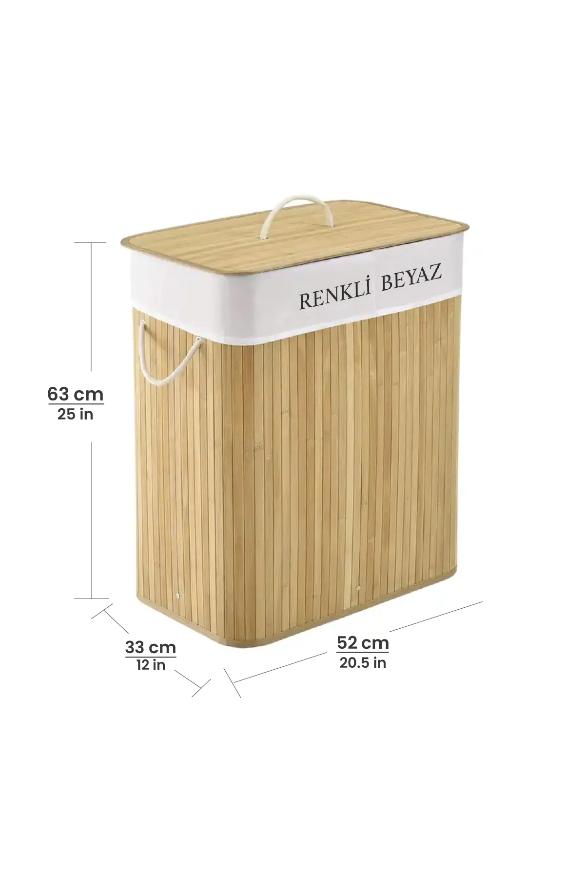 İki Bölmeli Bambu Naturel Çamaşır Sepeti - Mega Katlanabilir Çamaşır Sepeti 52x33x63 cm 100 Lt Bej