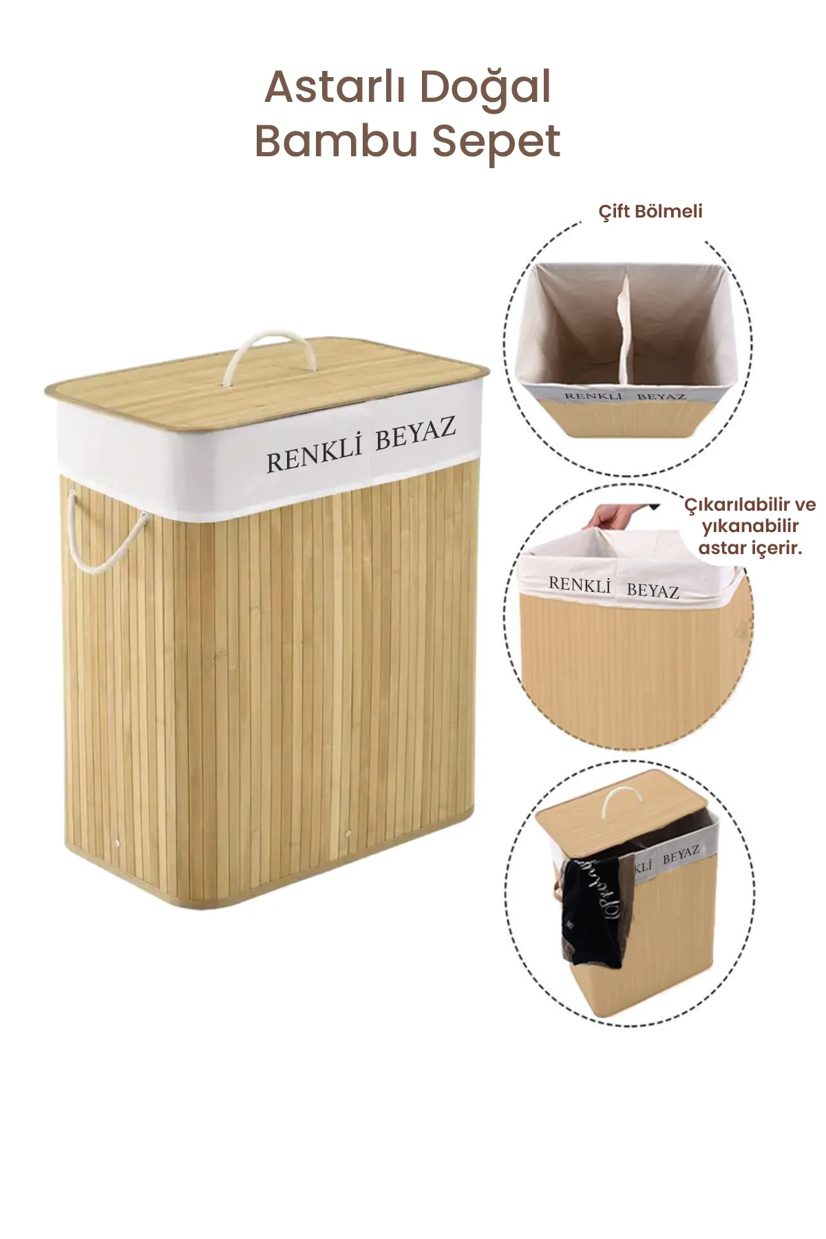 İki Bölmeli Bambu Naturel Çamaşır Sepeti - Mega Katlanabilir Çamaşır Sepeti 52x33x63 cm 100 Lt Bej