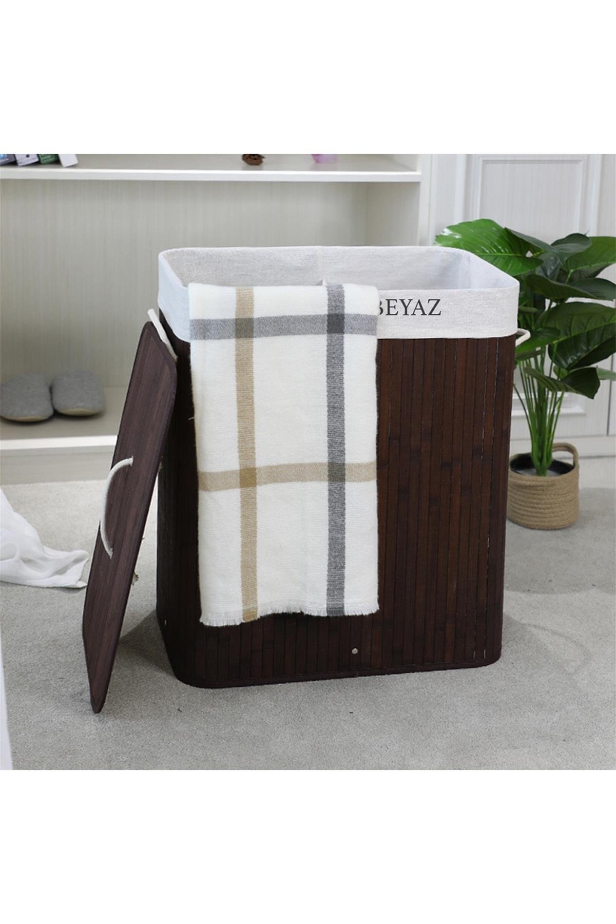 İki Bölmeli Bambu Naturel Çamaşır Sepeti - Mega Katlanabilir Çamaşır Sepeti 52x33x63 cm 100 Lt Kahve