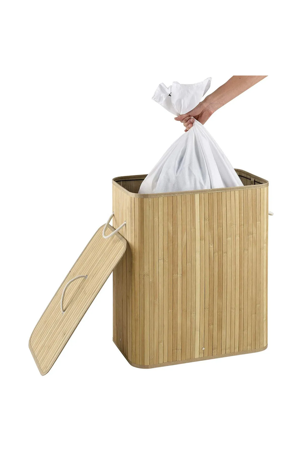 İki Bölmeli Bambu Naturel Çamaşır Sepeti - Mega Katlanabilir Çamaşır Sepeti 52x33x63 cm 100 Lt Bej