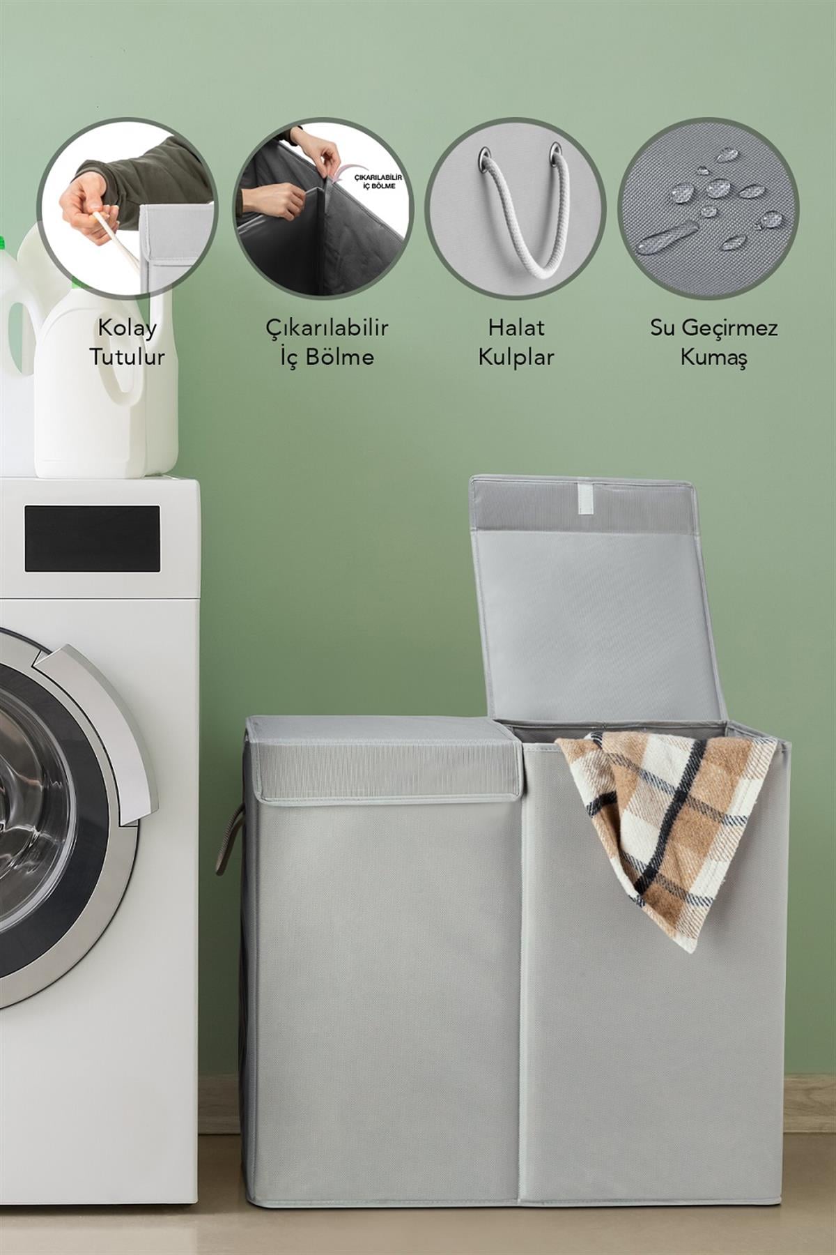İki Bölmeli Mega Boy Çamaşır Sepeti - Kulplu Katlanır Banyo Kirli Çamaşır Sepeti 50 Lt + 50 Lt