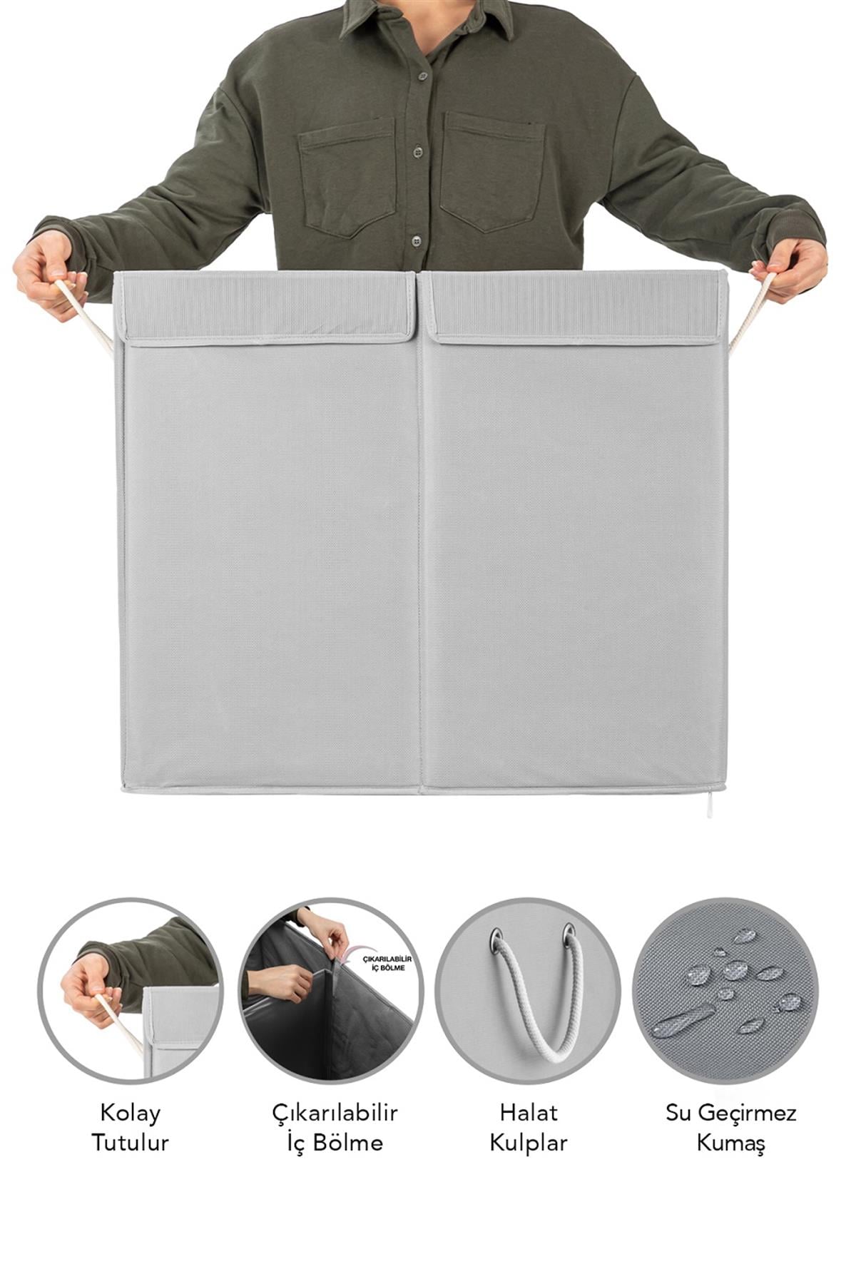 İki Bölmeli Mega Boy Çamaşır Sepeti - Kulplu Katlanır Banyo Kirli Çamaşır Sepeti 50 Lt + 50 Lt