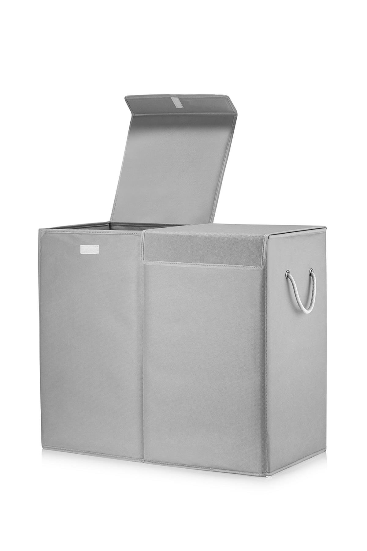 İki Bölmeli Mega Boy Çamaşır Sepeti - Kulplu Katlanır Banyo Kirli Çamaşır Sepeti 50 Lt + 50 Lt