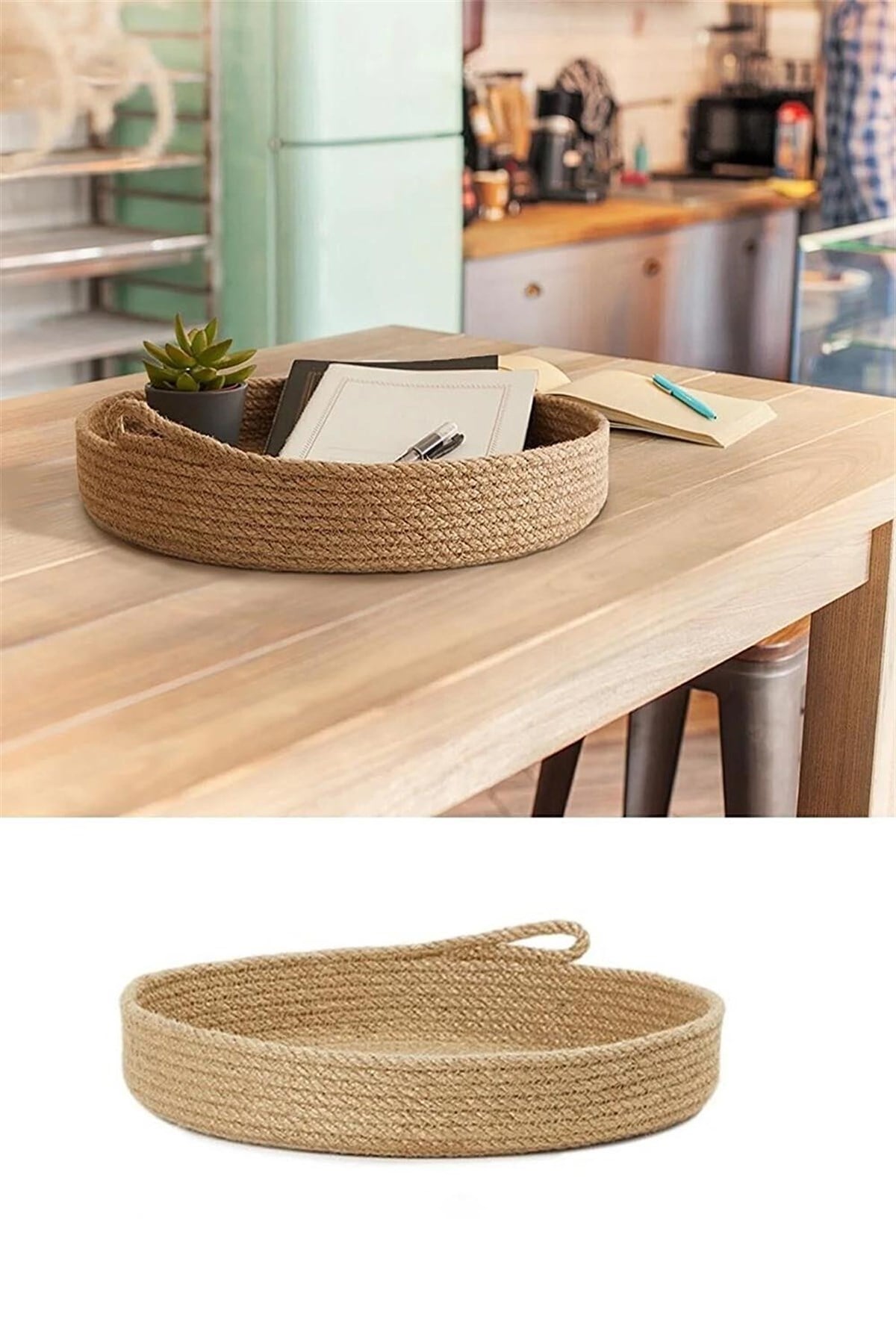 Jüt Hasır Sepet - Dekoratif Banyo Mutfak Organizeri %100 Doğal Jüt Sepet 30 x 5 cm