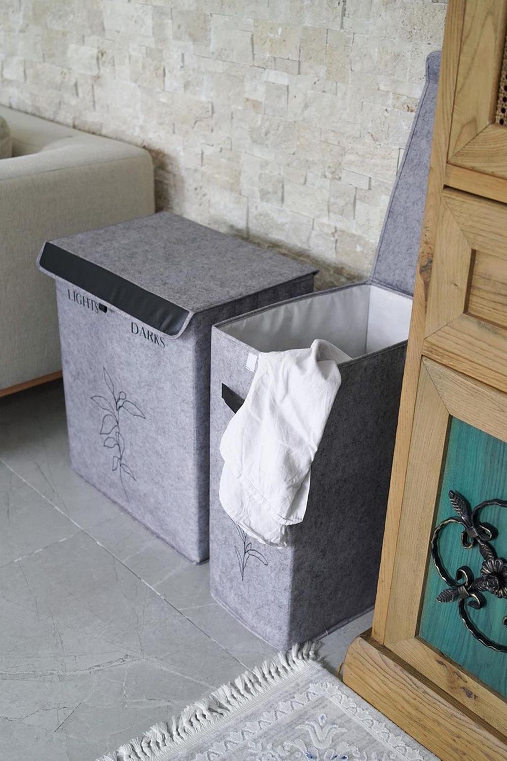 Keçe 2 Boy Çamaşır Kirli Sepeti Çok Amaçlı Oyuncak Organizer Kapaklı Sepet Gri 25x40x60cm-53x33x60cm