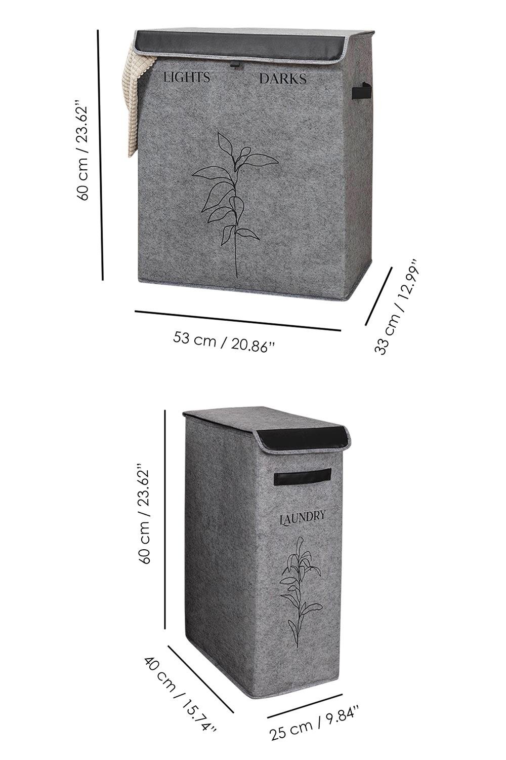 Keçe 2 Boy Çamaşır Kirli Sepeti Çok Amaçlı Oyuncak Organizer Kapaklı Sepet Gri 25x40x60cm-53x33x60cm