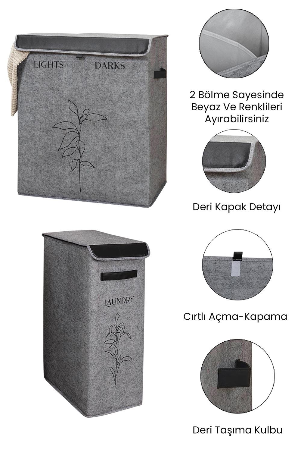 Keçe 2 Boy Çamaşır Kirli Sepeti Çok Amaçlı Oyuncak Organizer Kapaklı Sepet Gri 25x40x60cm-53x33x60cm